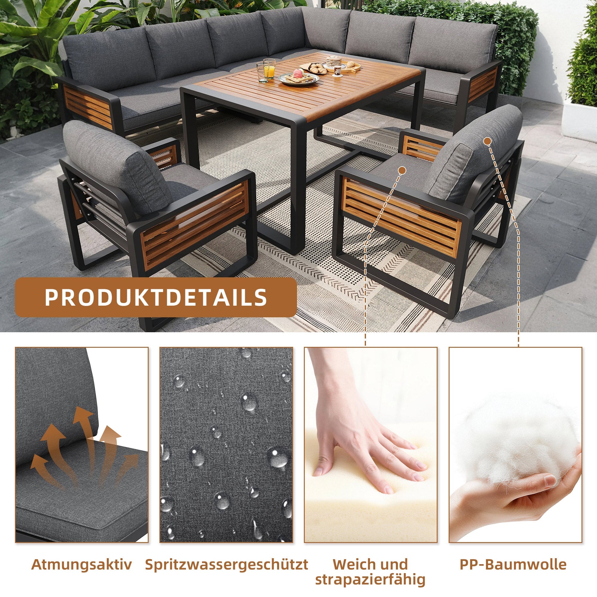 Garden Lounge Set for 8 People with Solid Wood Dining Table and Cushions, Grey