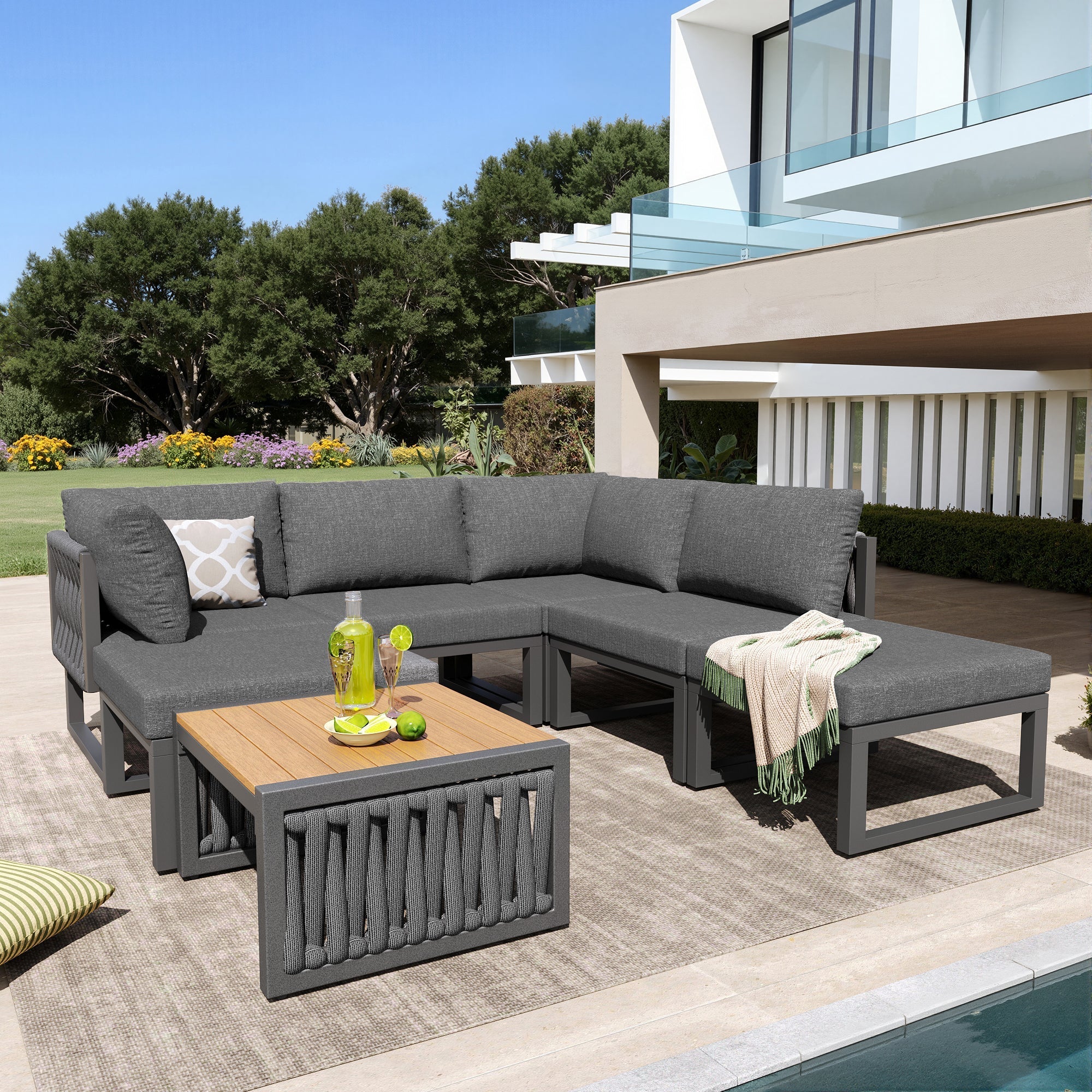 Garden Furniture Set 6-Person Lounge Double Sun Lounger Adjustable Backrest Cushions - Grey