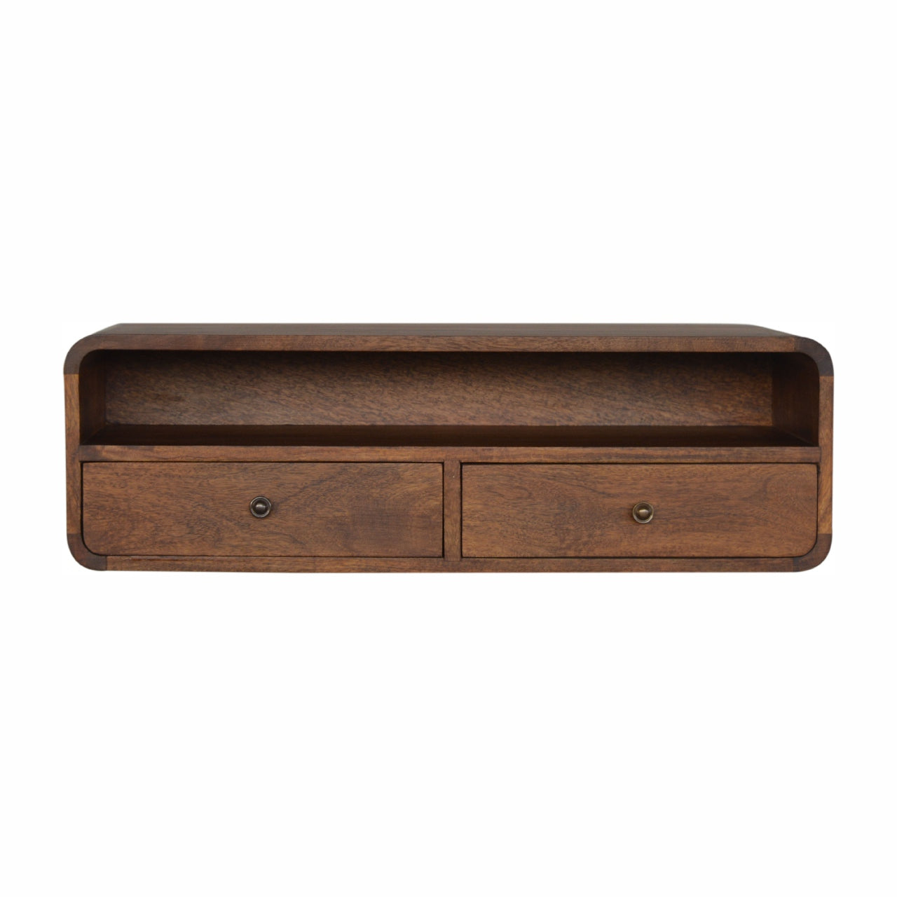 Solid Wood Floating Console, 2 Drawers 1 Shelf, Dark Brown Chestnut