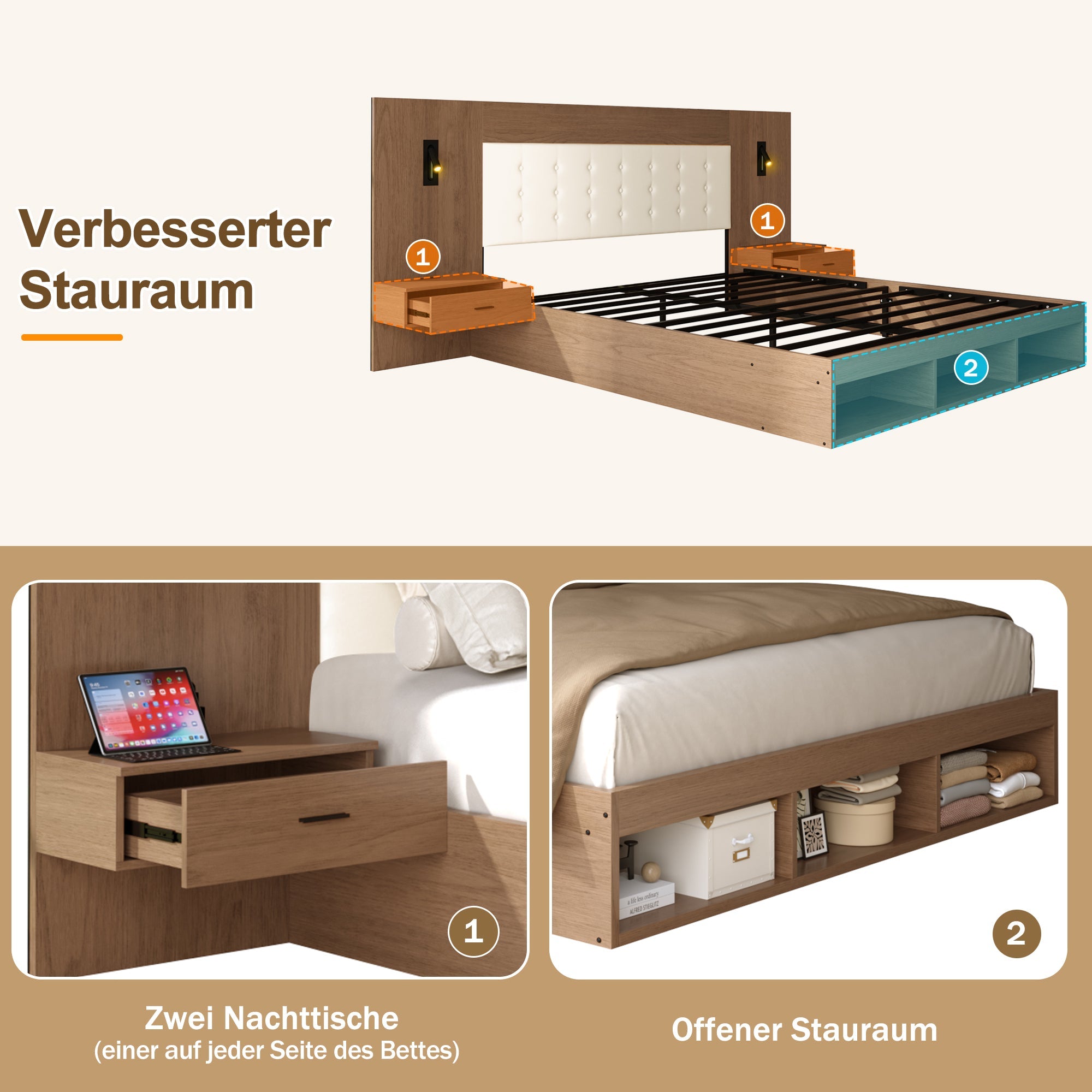 Double Bed with USB Charging Station, Reading Lamp and 2 Bedside Tables, 180x200cm, Walnut Wood Color