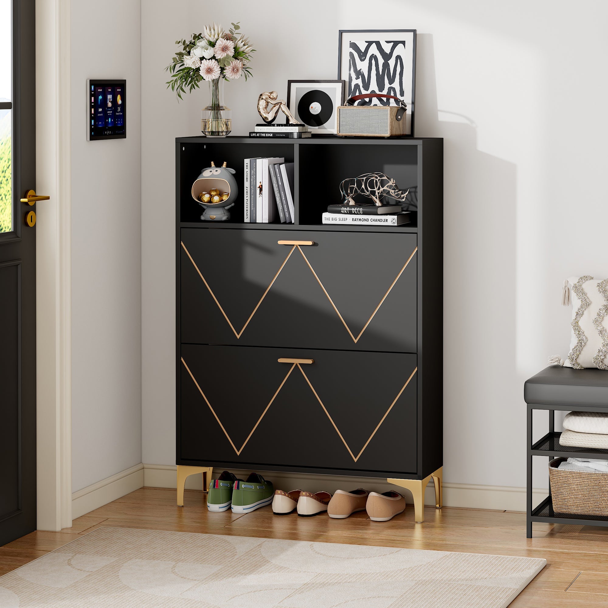 Shoe Cabinet 80x25x117cm Drop-Down Doors Storage Shelves Raised Legs, MDF+Metal