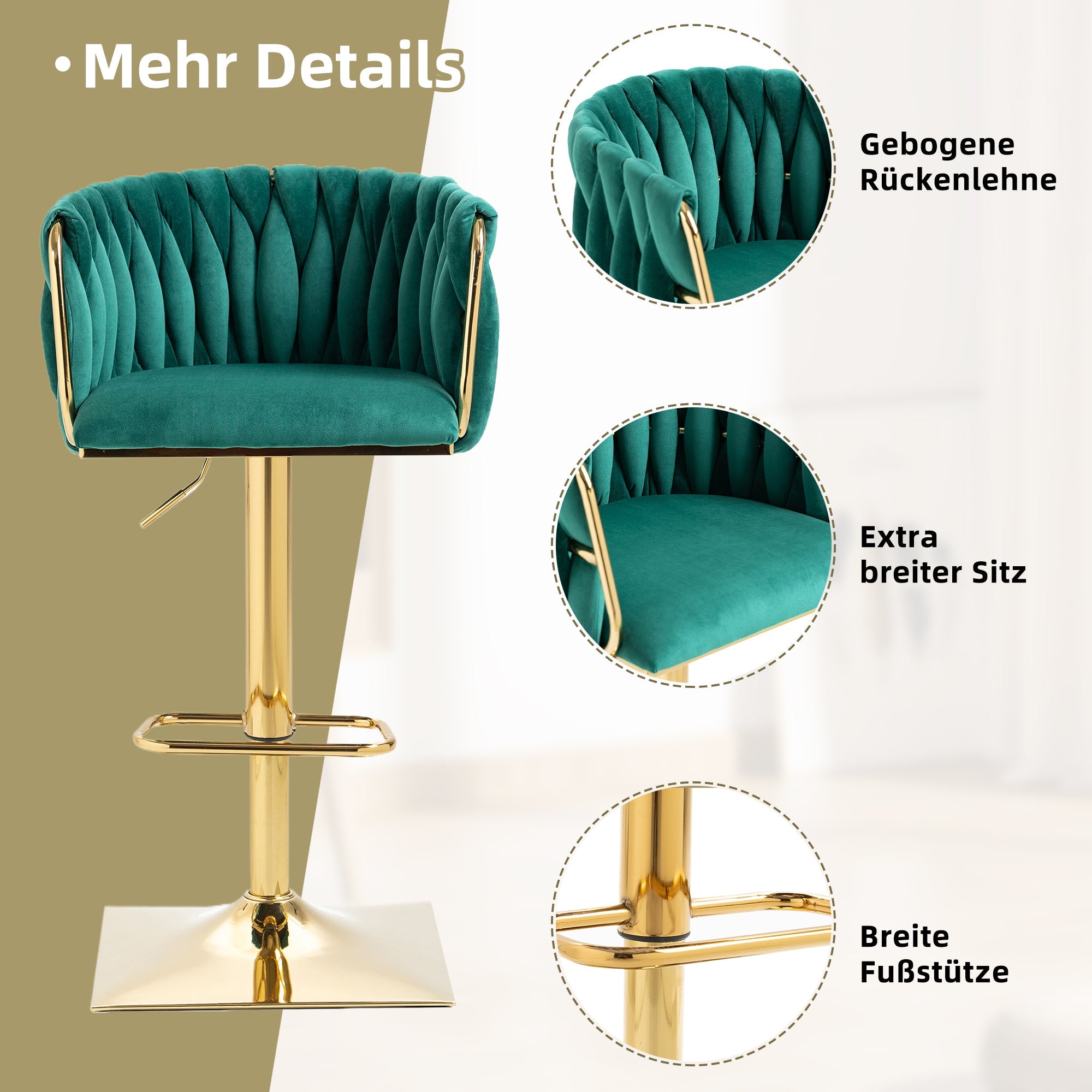 Vintage Bar Stool with Backrest & Footrest, Counter Height Dining Chair