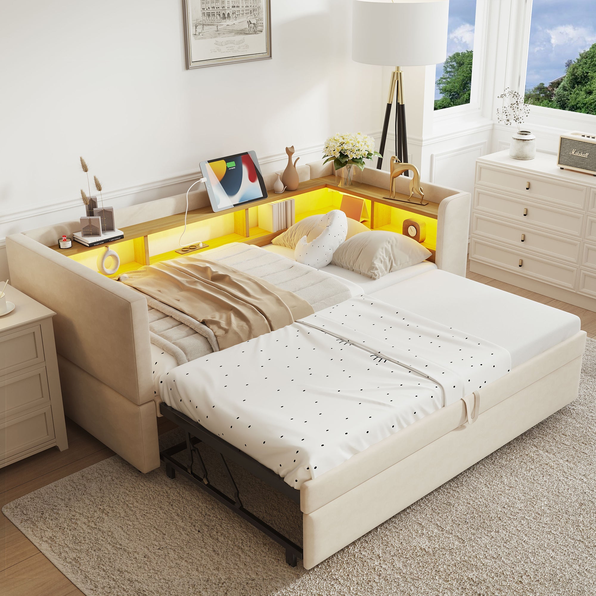 Upholstered Bed Extendable Sofa Bed 90/180*190cm with LED, Sockets & Storage, Beige