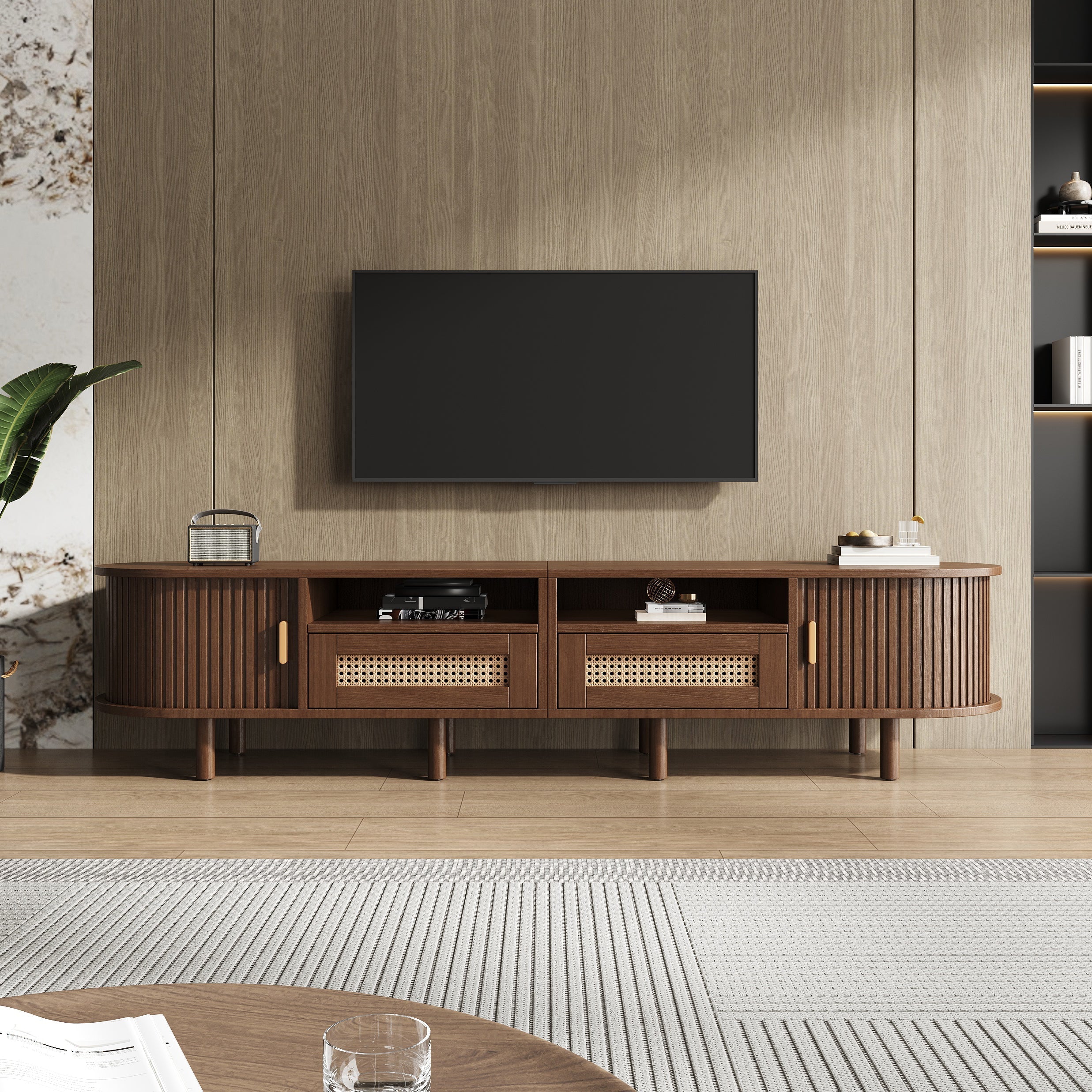 Oval TV Stand 170cm with Rattan Drawers Sliding Doors 70-inch Walnut