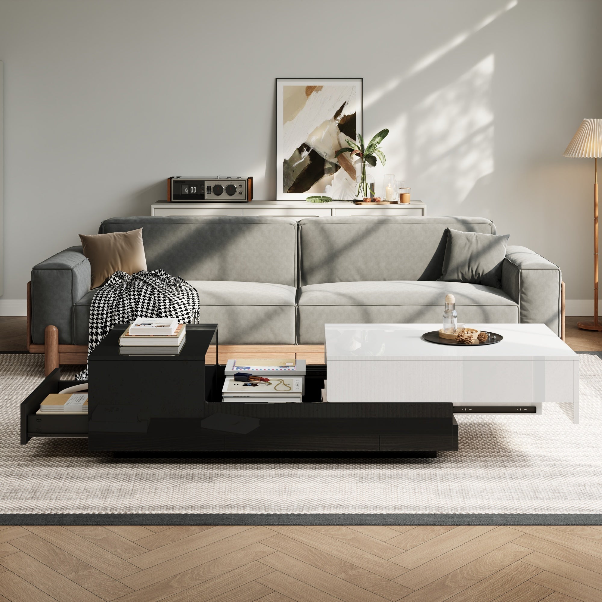 Coffee Table 100x50x38cm, High-Gloss with 1 Drawer & Sliding Top, Black and White Stitching