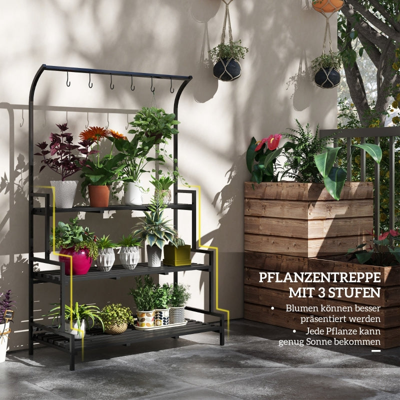 Flower Stand 3 Tiers 6 Hooks Indoor & Outdoor Metal Black