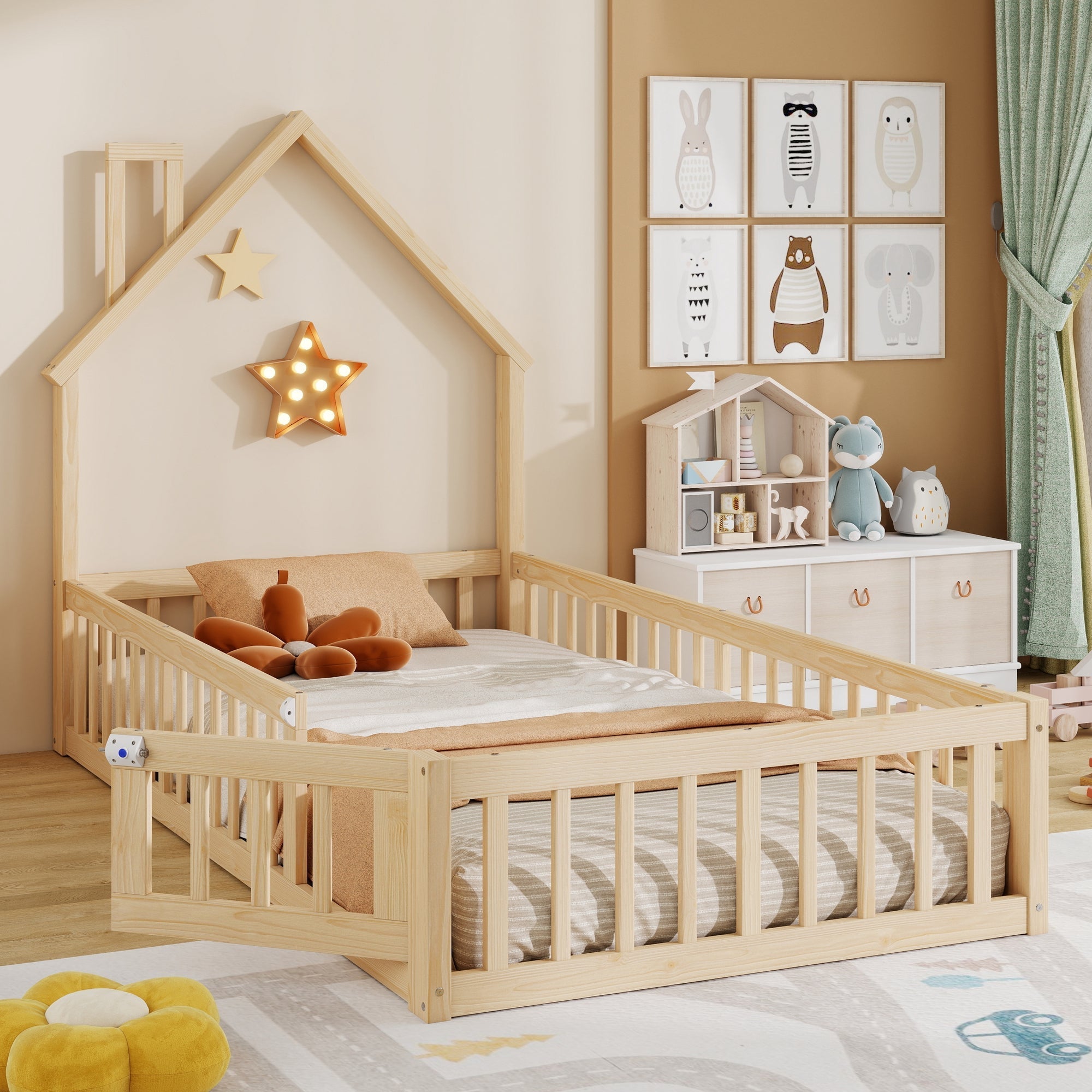 House Bed with Chimney Shape and Slatted Base, 90x200cm, Natural Pine Wood