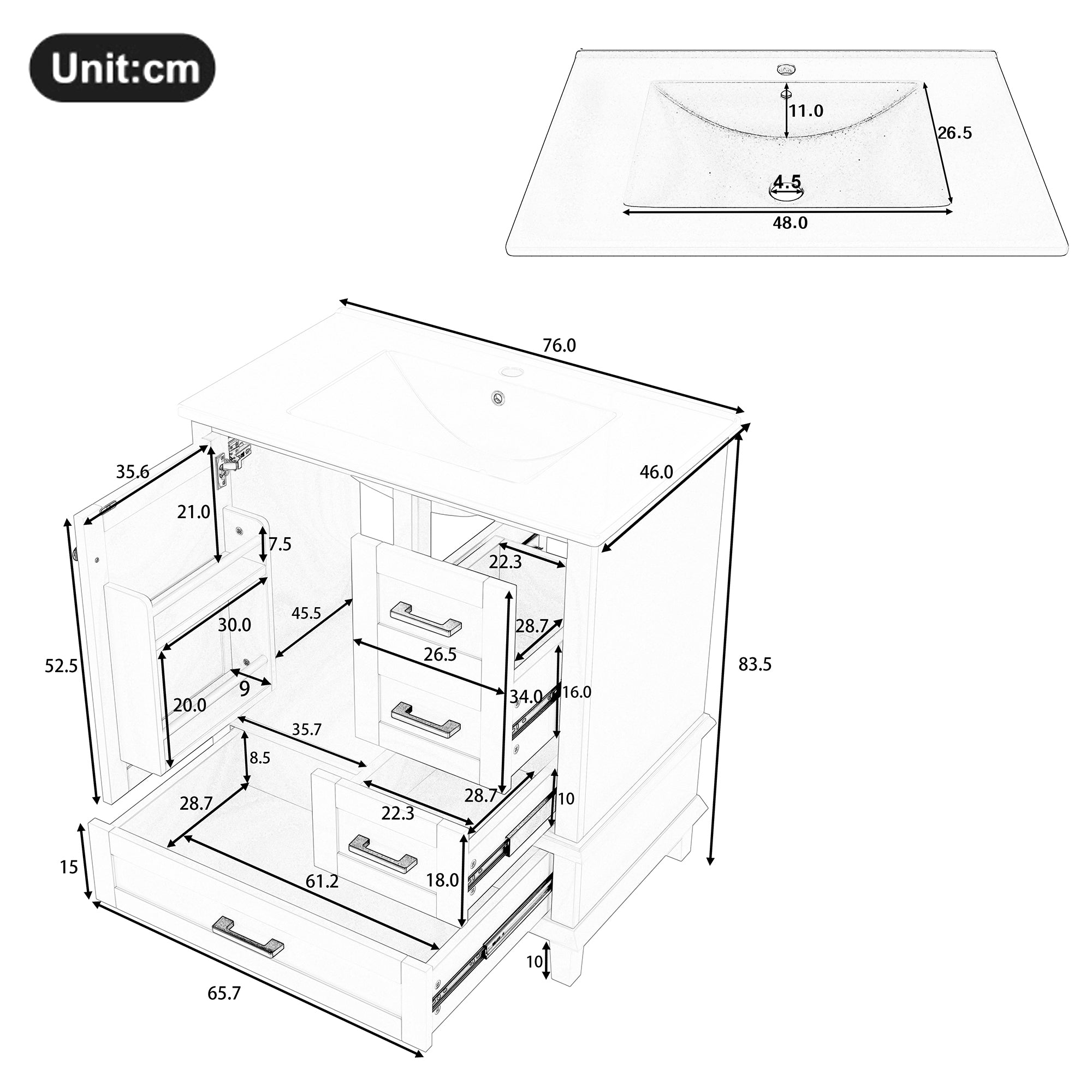 Bathroom Vanity Unit with Ceramic Sink and Three Silent Drawers, White
