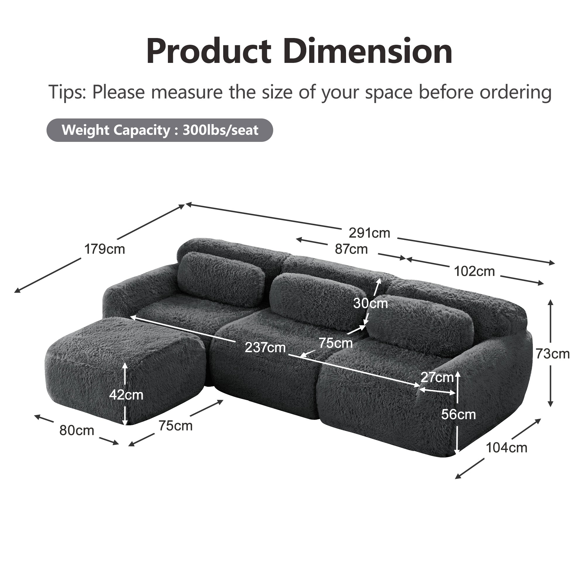 L-shaped Modular Sofa Frameless Deep No Assembly - Plush Fabric Grey