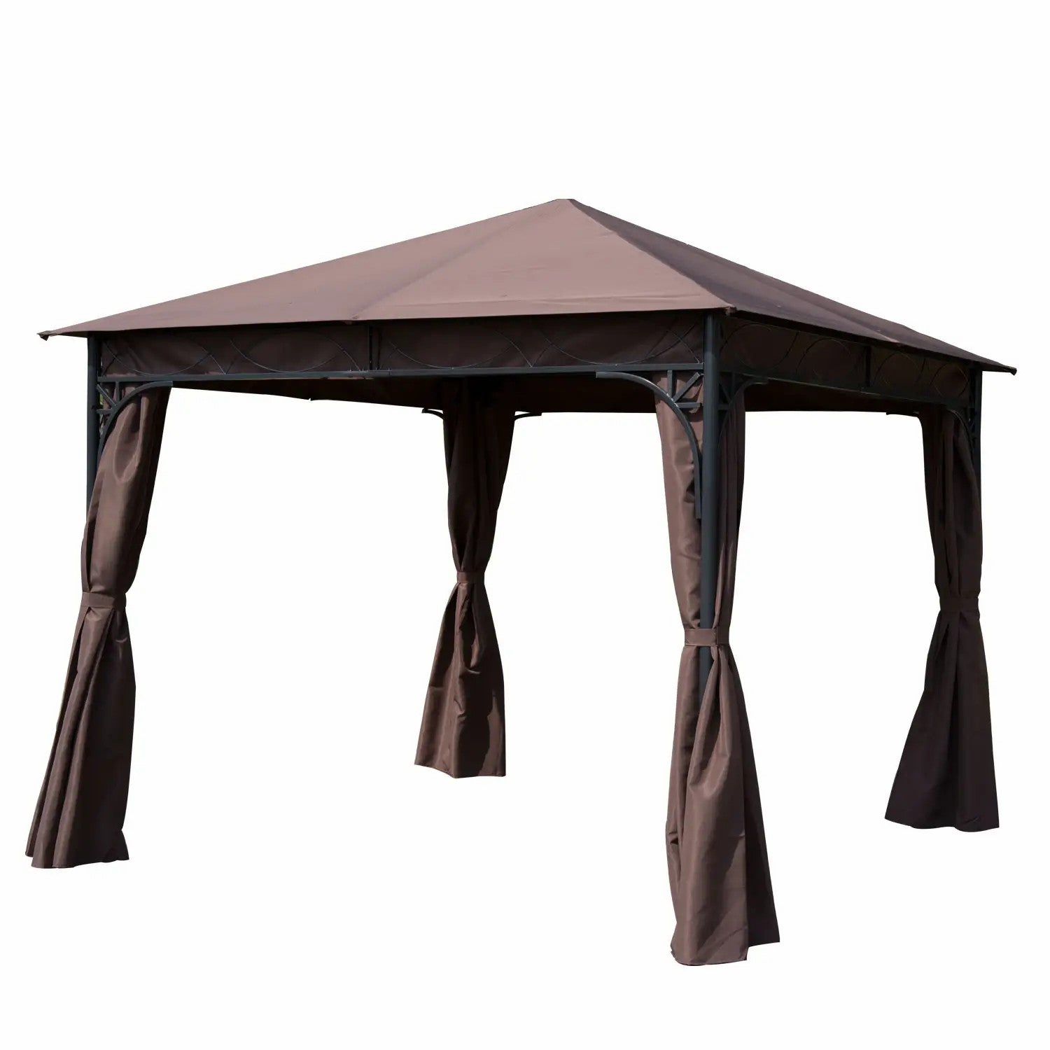 Gartengazebo 3x3m, Outdoor-Pavillon mit Vorhängen, Stahlrahmen, Kaffee
