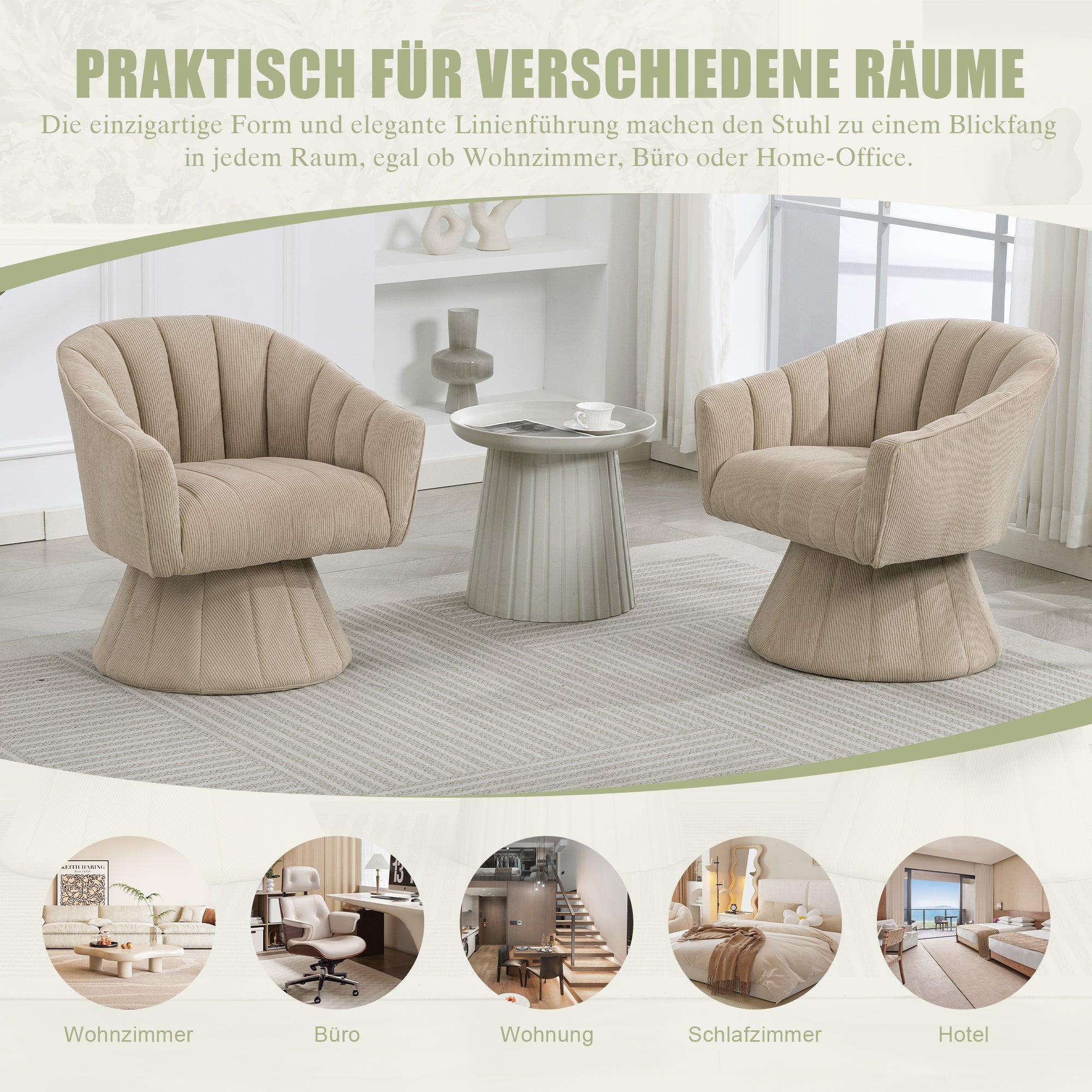 360° Swivel Chair with Ergonomic Cushions and Wraparound Armrests, Khaki