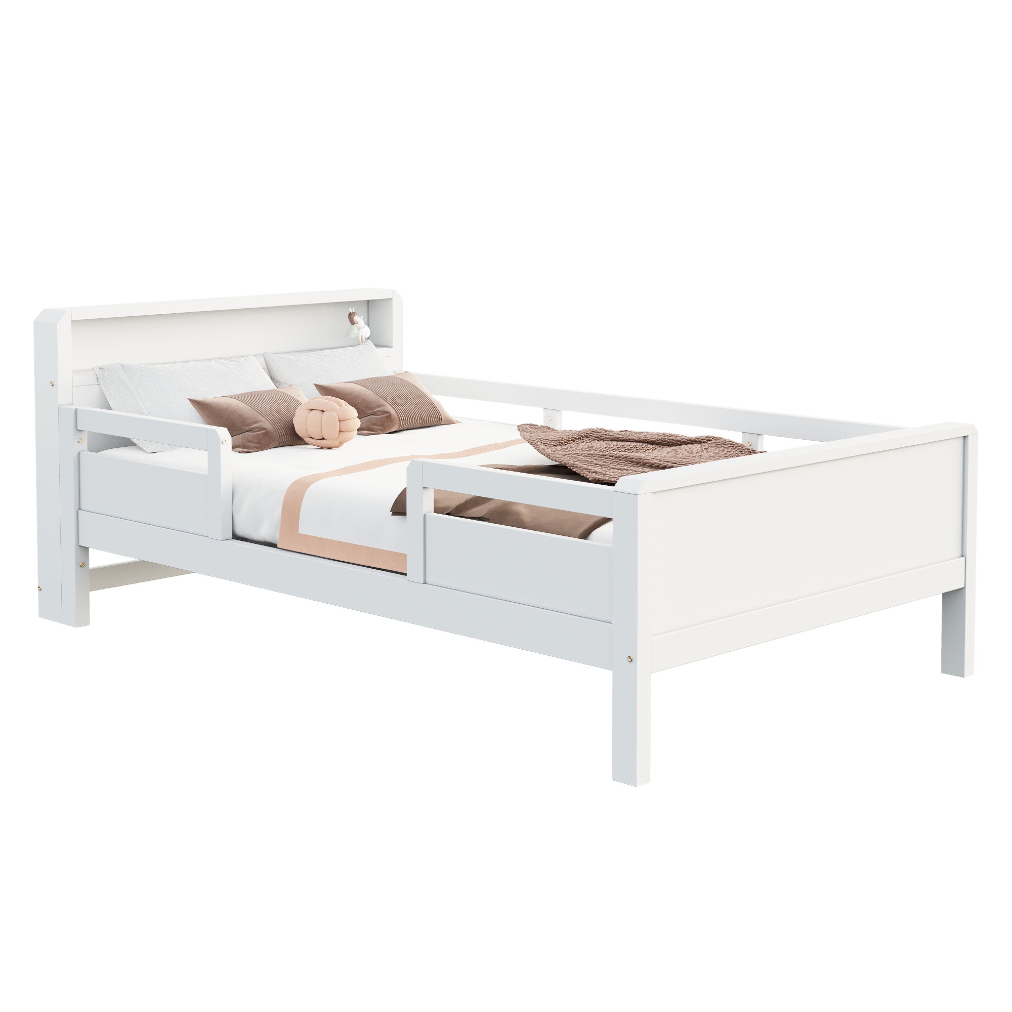 Wooden Bed, 90x200cm Multifunctional with USB & LED, Pinewood White