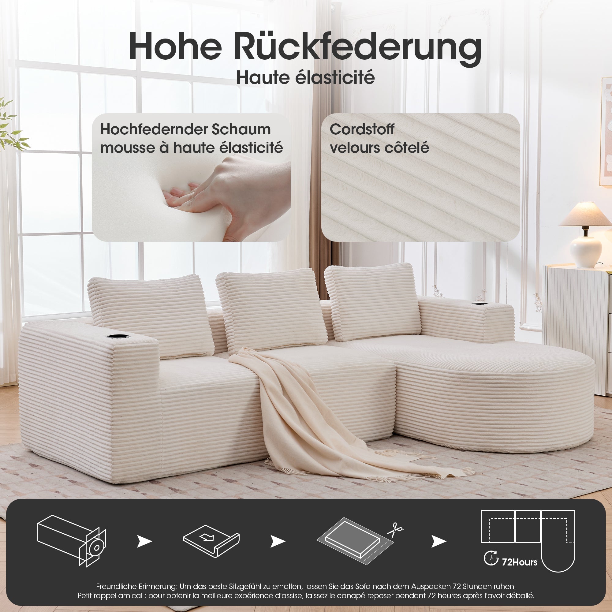 Double Sofa with 3 Pillows and 2 Cup Holders, 265cm Wide Fully Compressed, Feather and Plastic