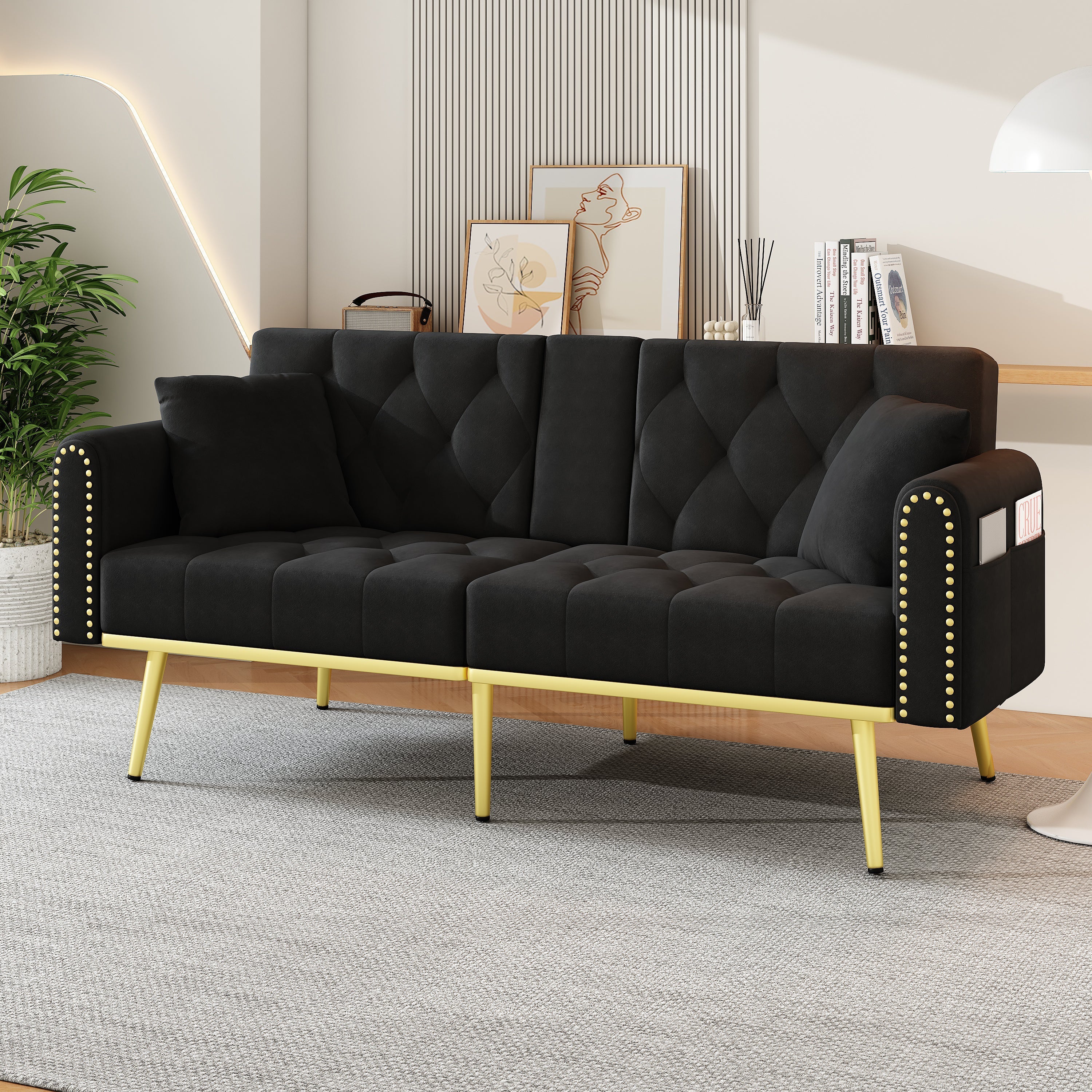 Double Sofa Bed Reclining 3 Angles Cup Holders - Fabric Black