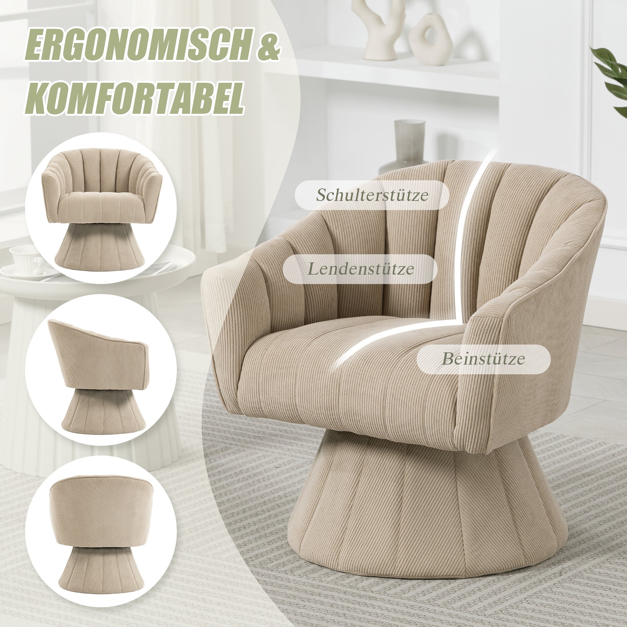 360° Swivel Chair with Ergonomic Cushions and Wraparound Armrests, Khaki