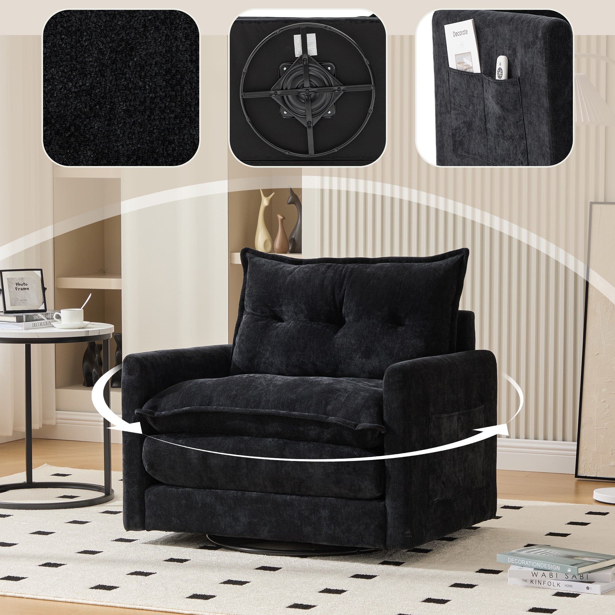 Lounge Chair, 360° Rotating, Armrests, Single Sofa, Modern Style, Cushions