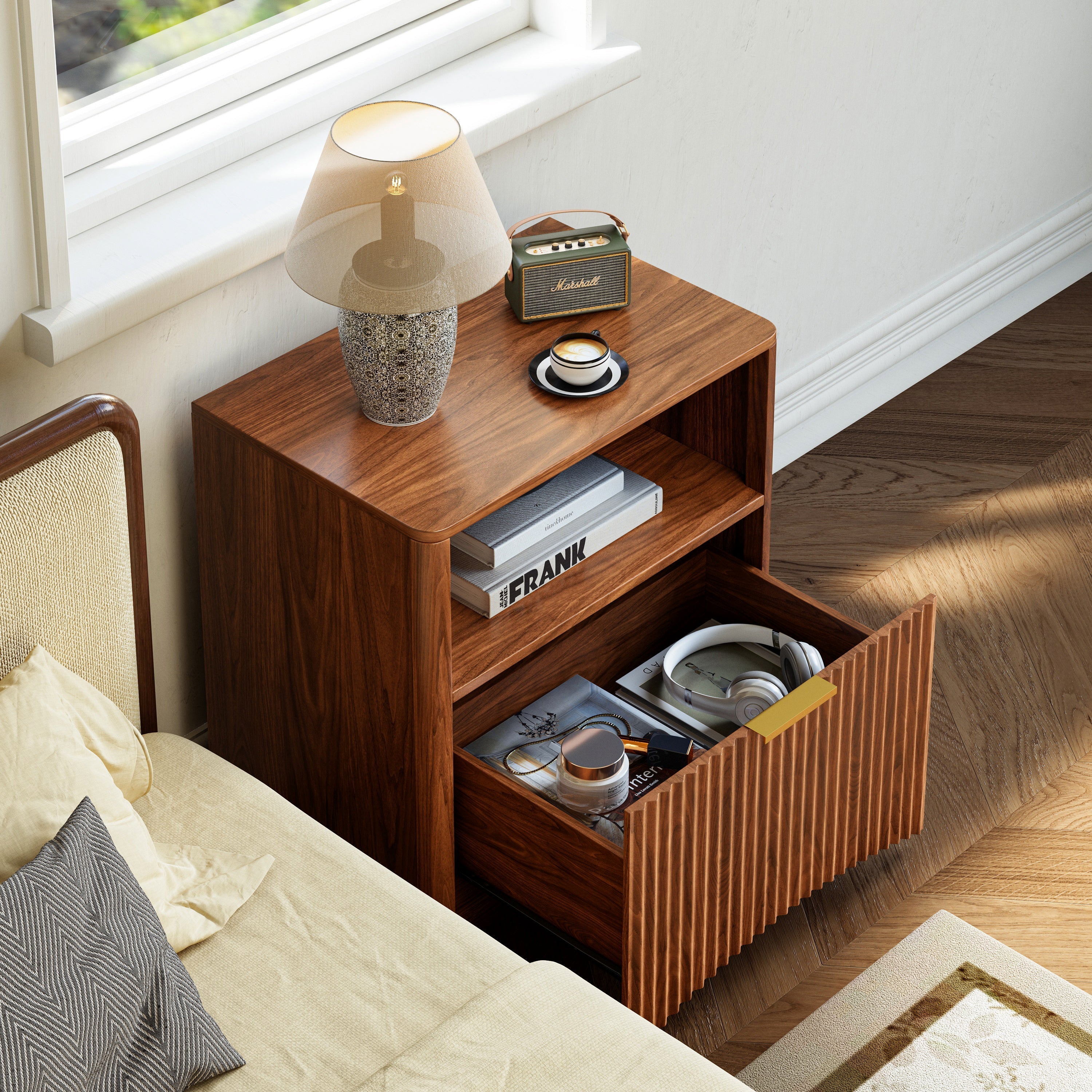 Nightstand Grooved Open Drawer Gold Handles - Walnut Look