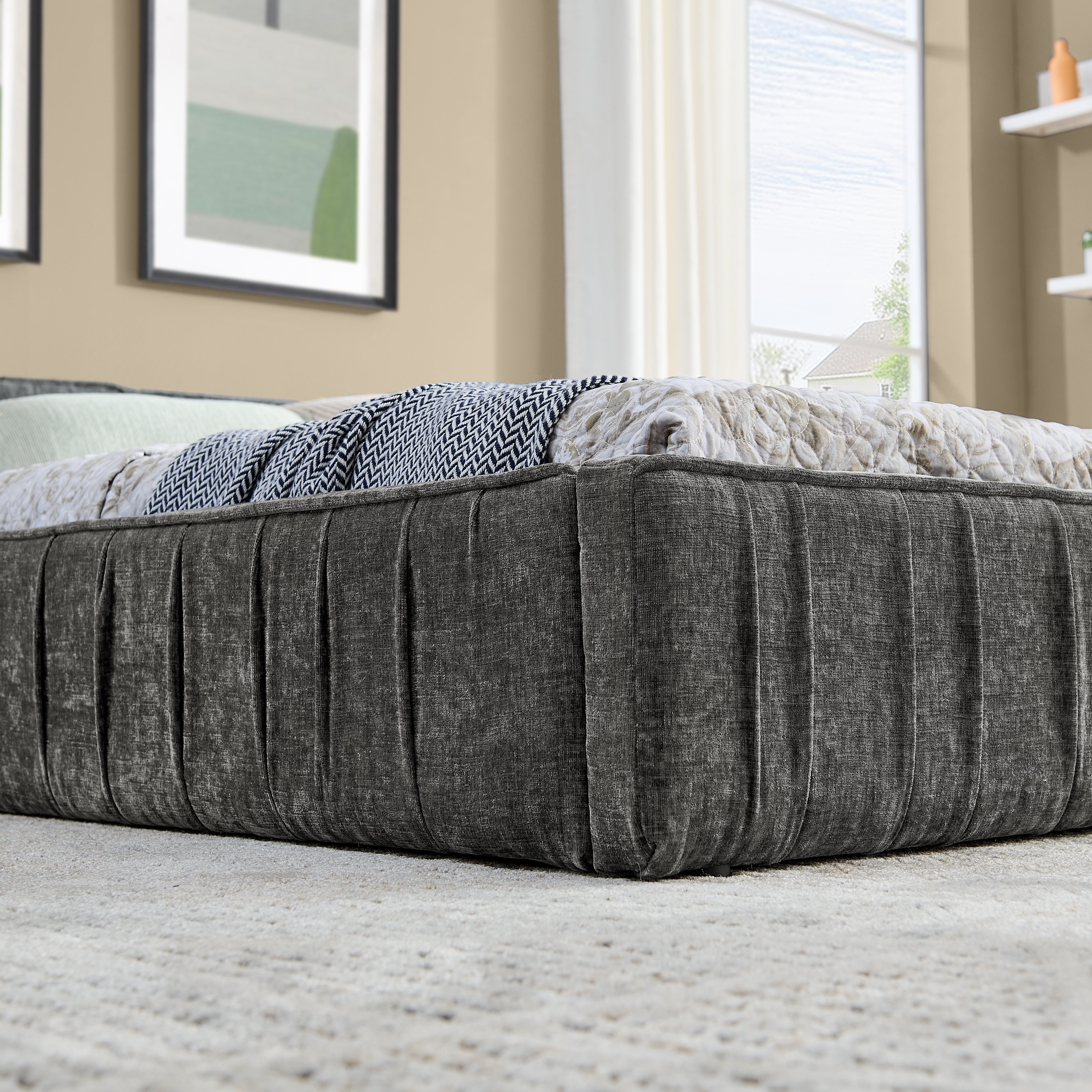 Double Bed 140x200cm Chenille Cover Iron Frame - Dark Grey