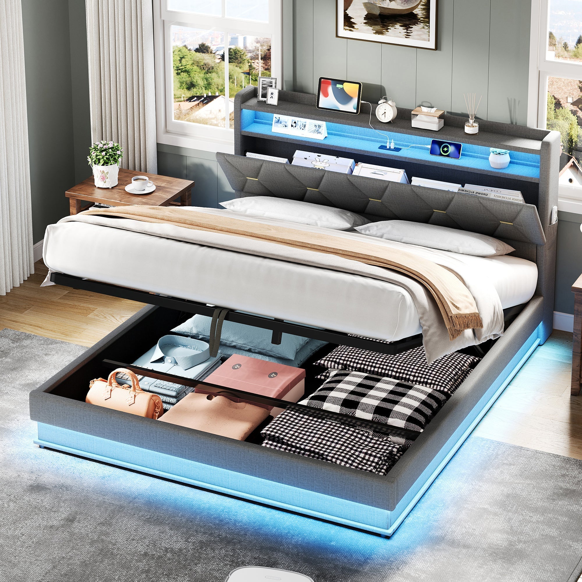 5ft King Upholstered Bed Frame with Hydraulic Storage, LED Headboard, Charging Station, USB/Type-C Ports, Linen Grey