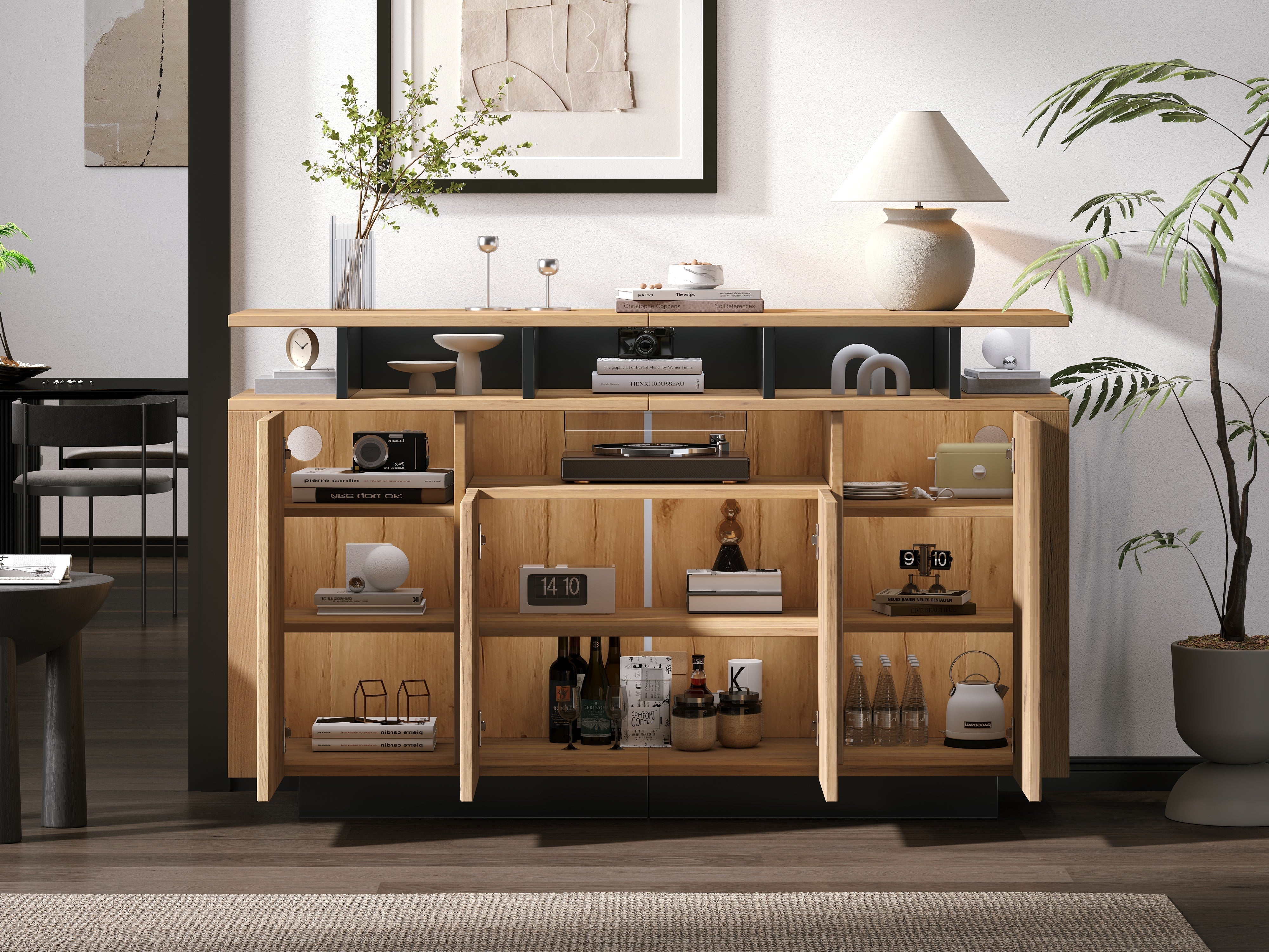 Sideboard Chest of Drawers with 4 Doors and 3 Open Compartments, Natural