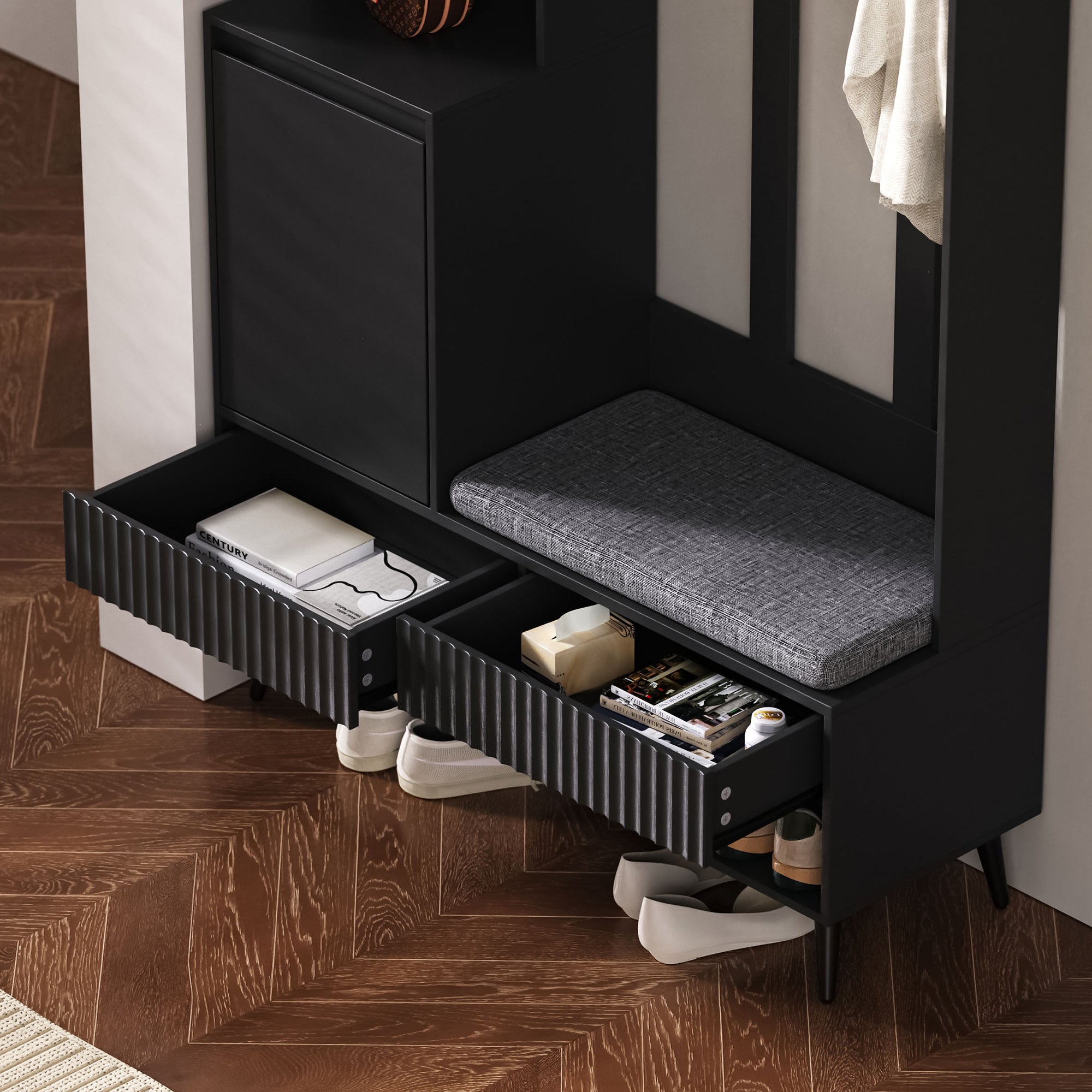 Wardrobe set with shoe bench, 4 coat hooks, two drawers, 1 door, black