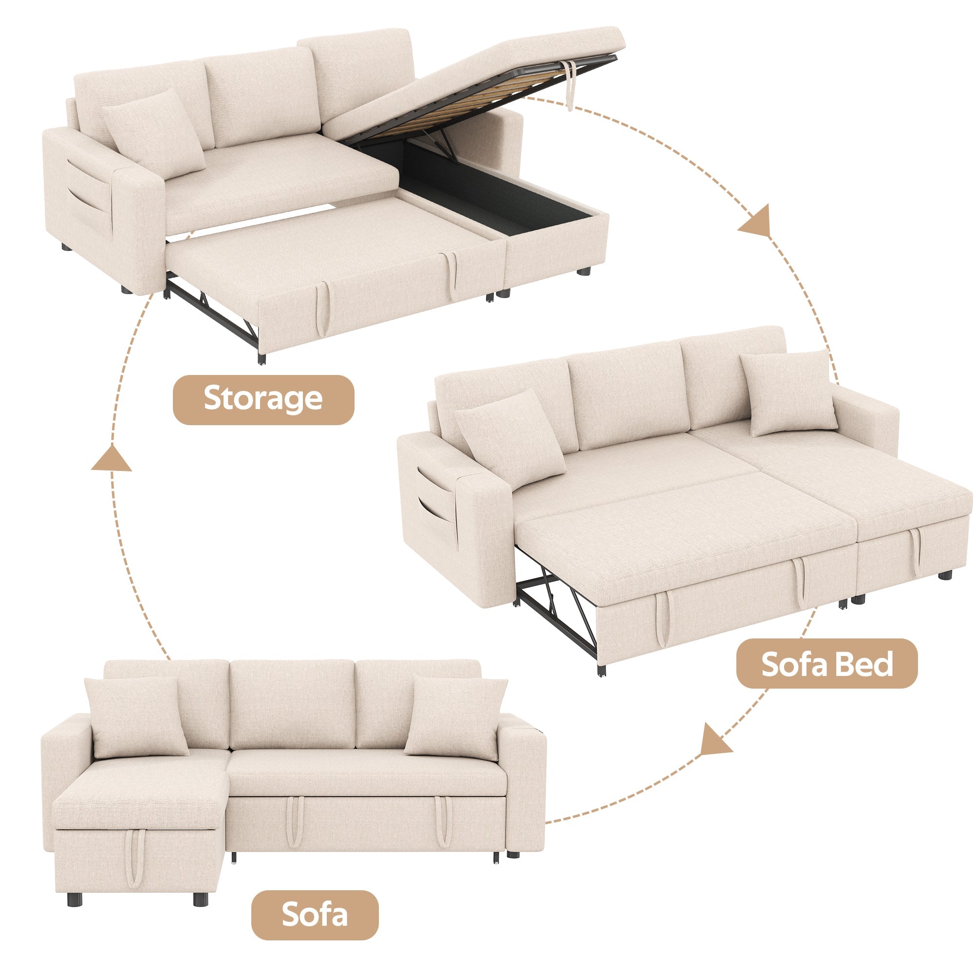 Sofa Bed L-Shaped Chaise Storage Reversible Beige