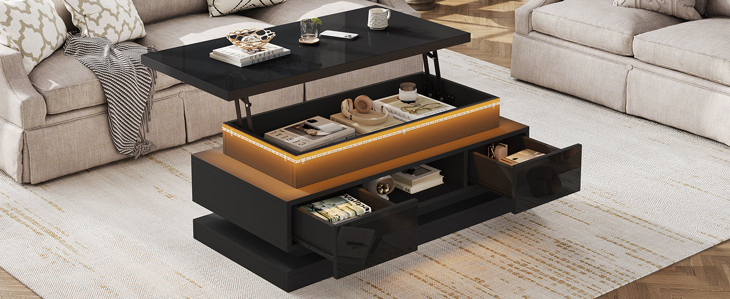 Lift-Top Coffee Table High-Gloss with LED Lighting 2 Drawers Hidden Storage Black Chipboard