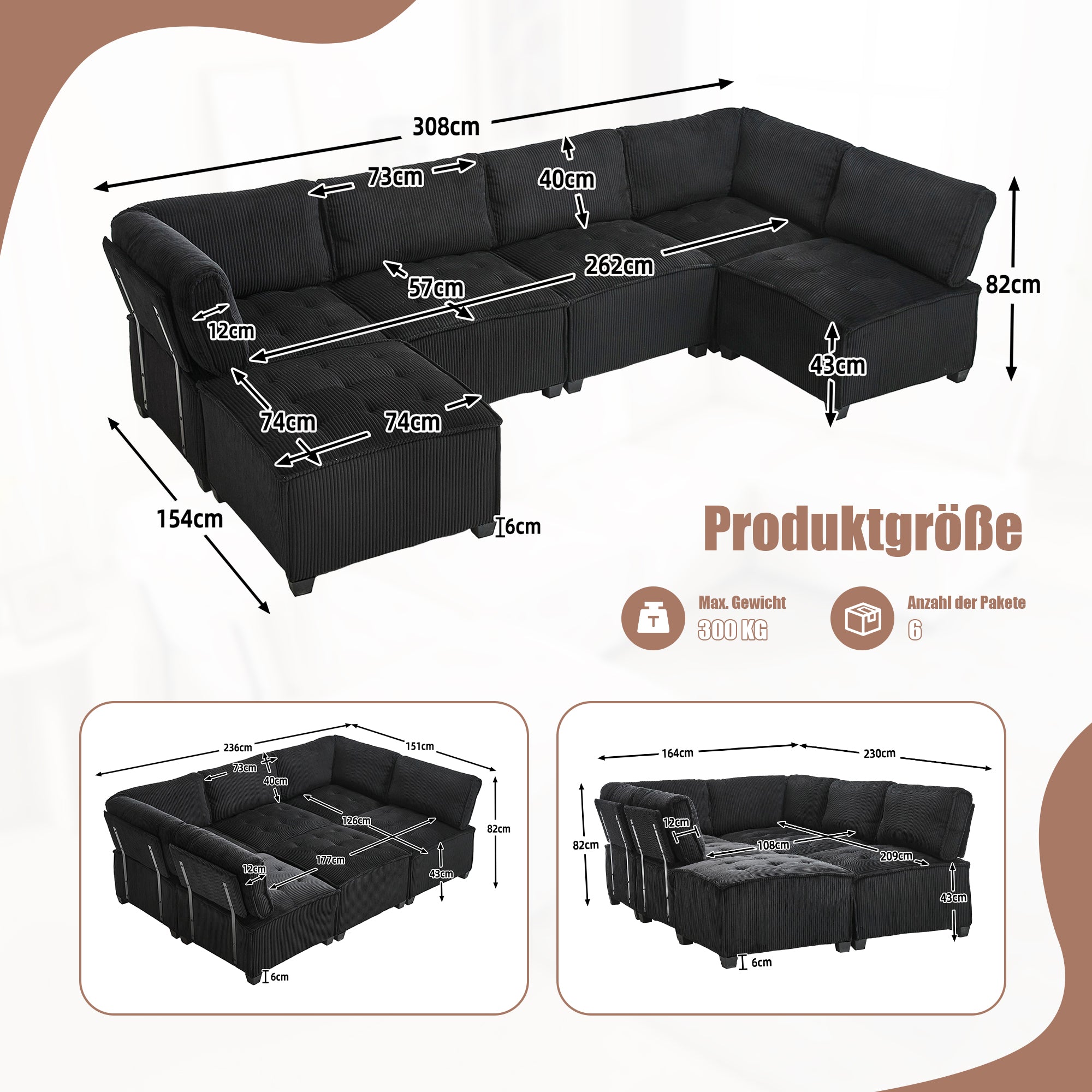 Modular Sofa 6-Seater 308cm, Ergonomic Storage Pockets, Corduroy Black