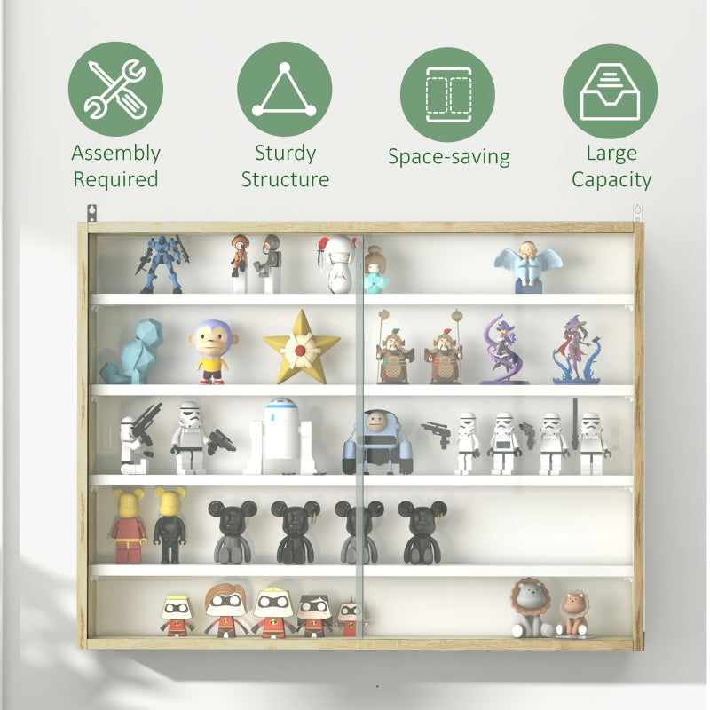 5-Tier Wall Display Cabinet with 4 Adjustable Shelves and Glass Doors, Natural
