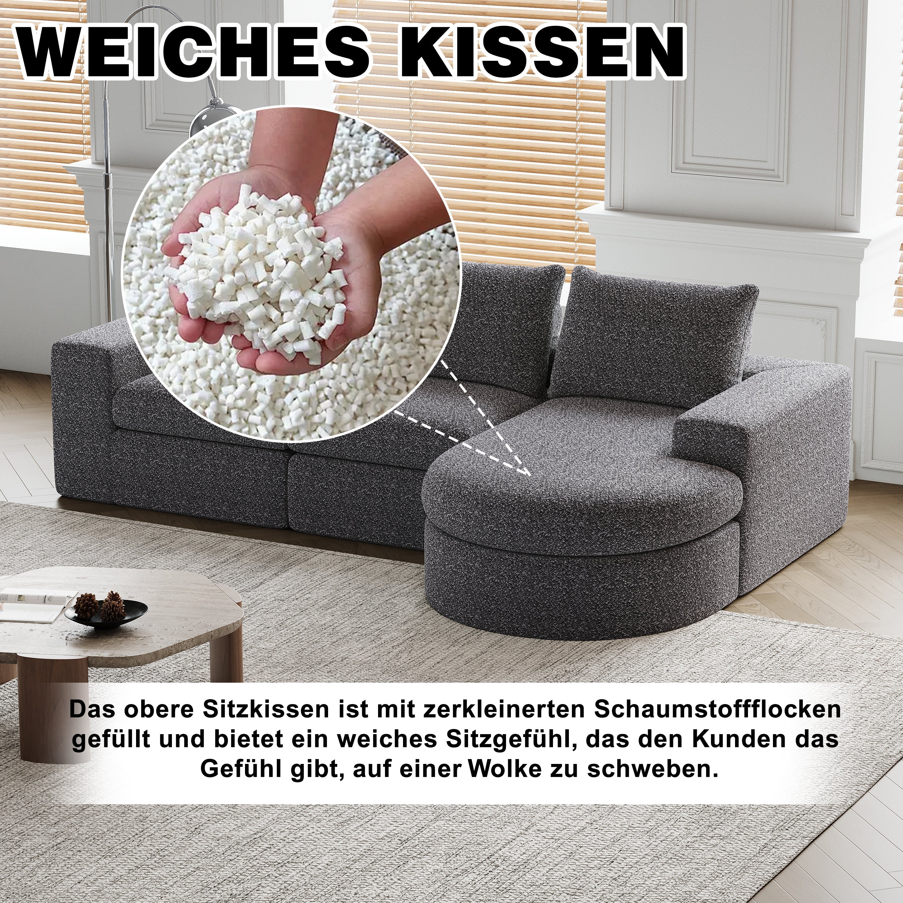 Chenille Sofa, Curved Modular L-Lounger, Foam Compressed