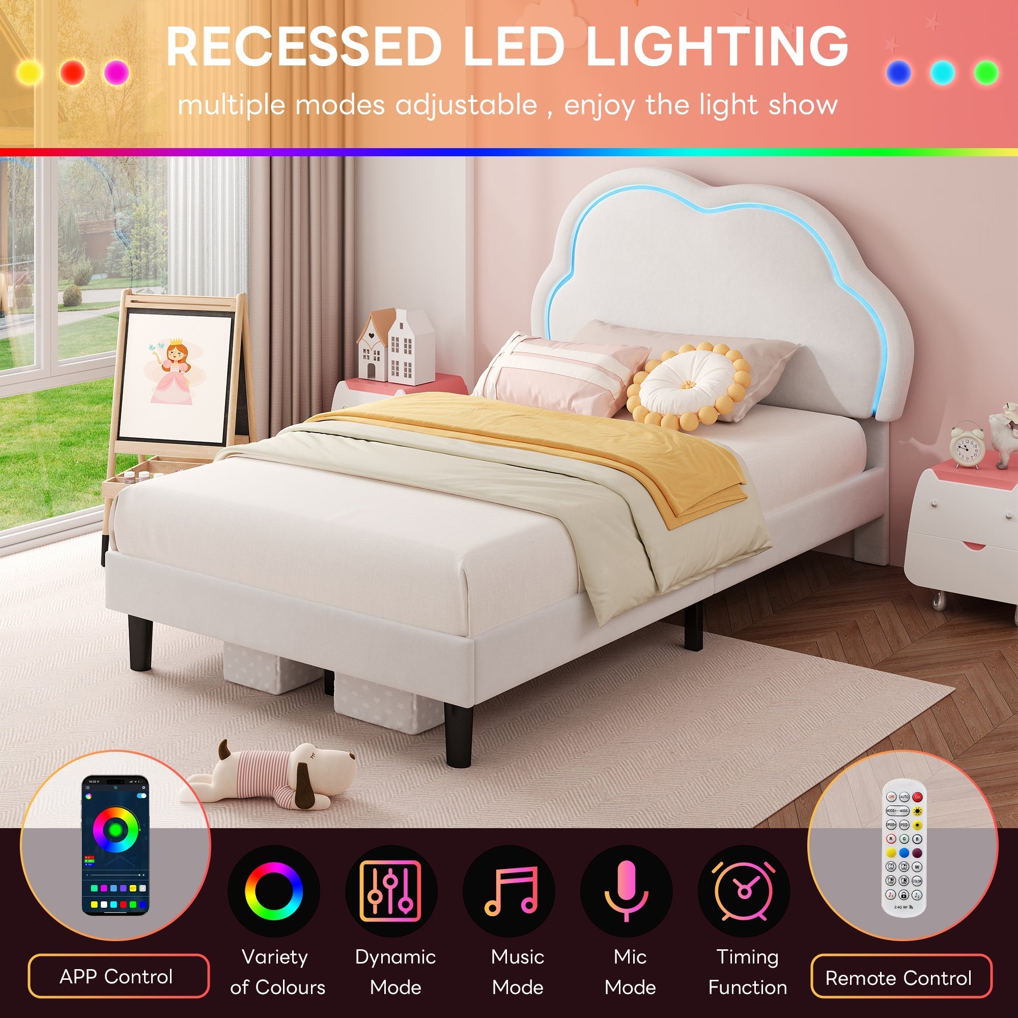 3ft Single Upholstered Bed with LED Adjustable Cute Cloud Headboard, Soft Velvet Bed Frame with Solid Wood Slat, Cream White