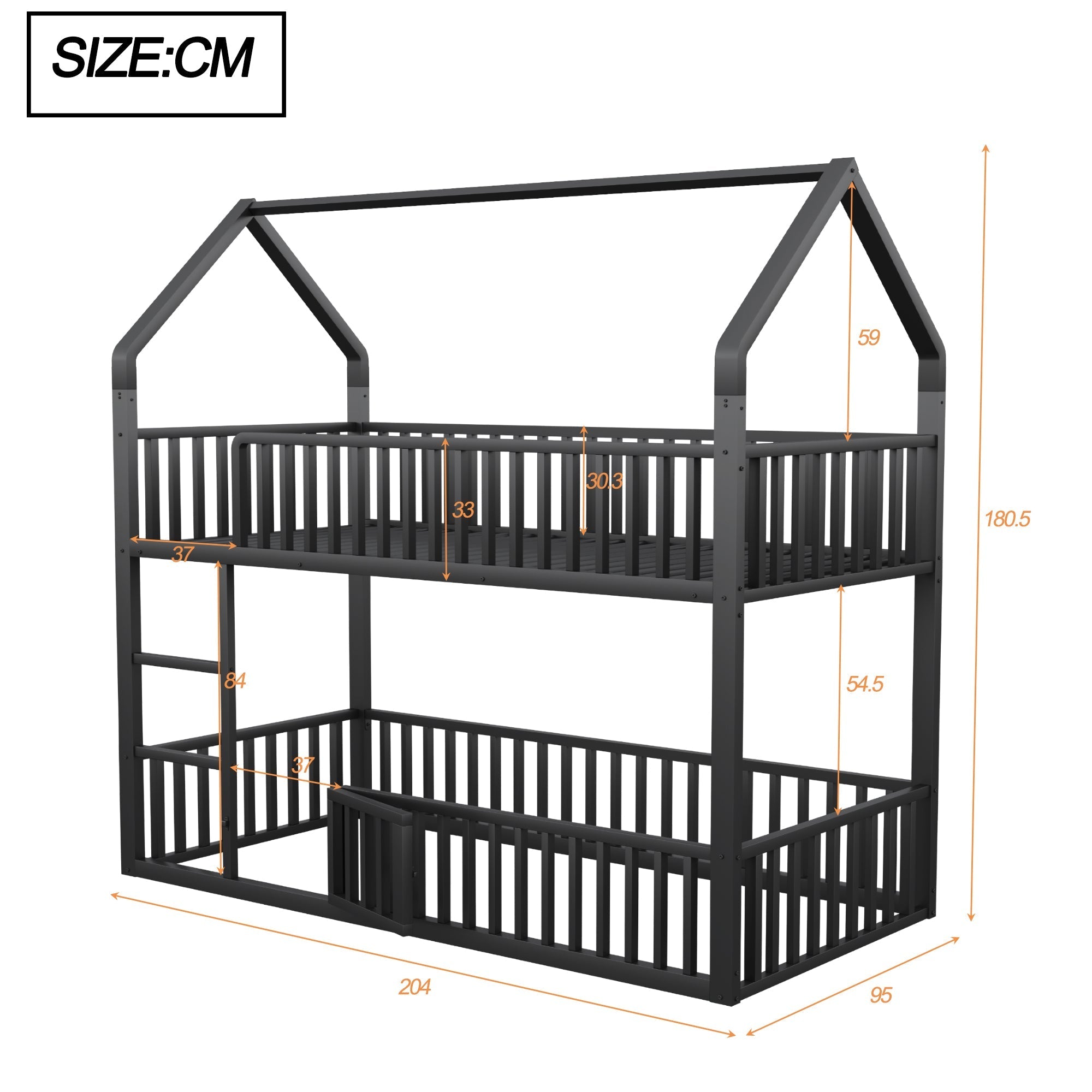 Children's Bunk Bed 90*200, Loft Design with Stairs & Small Door, Metal Black