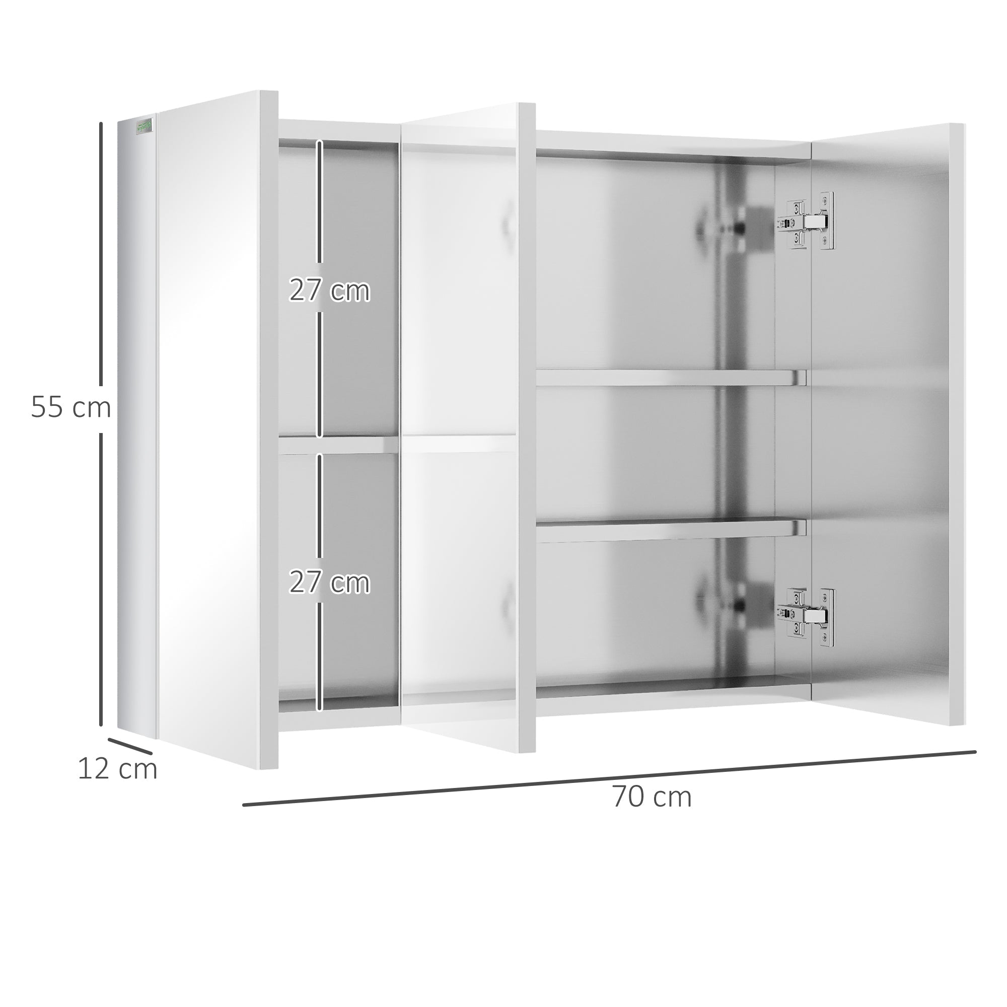 Bathroom Cabinet Mirrored Wall-Mounted 3 Glass Doors 5 Shelves, Stainless Steel Silver 70x12x55cm