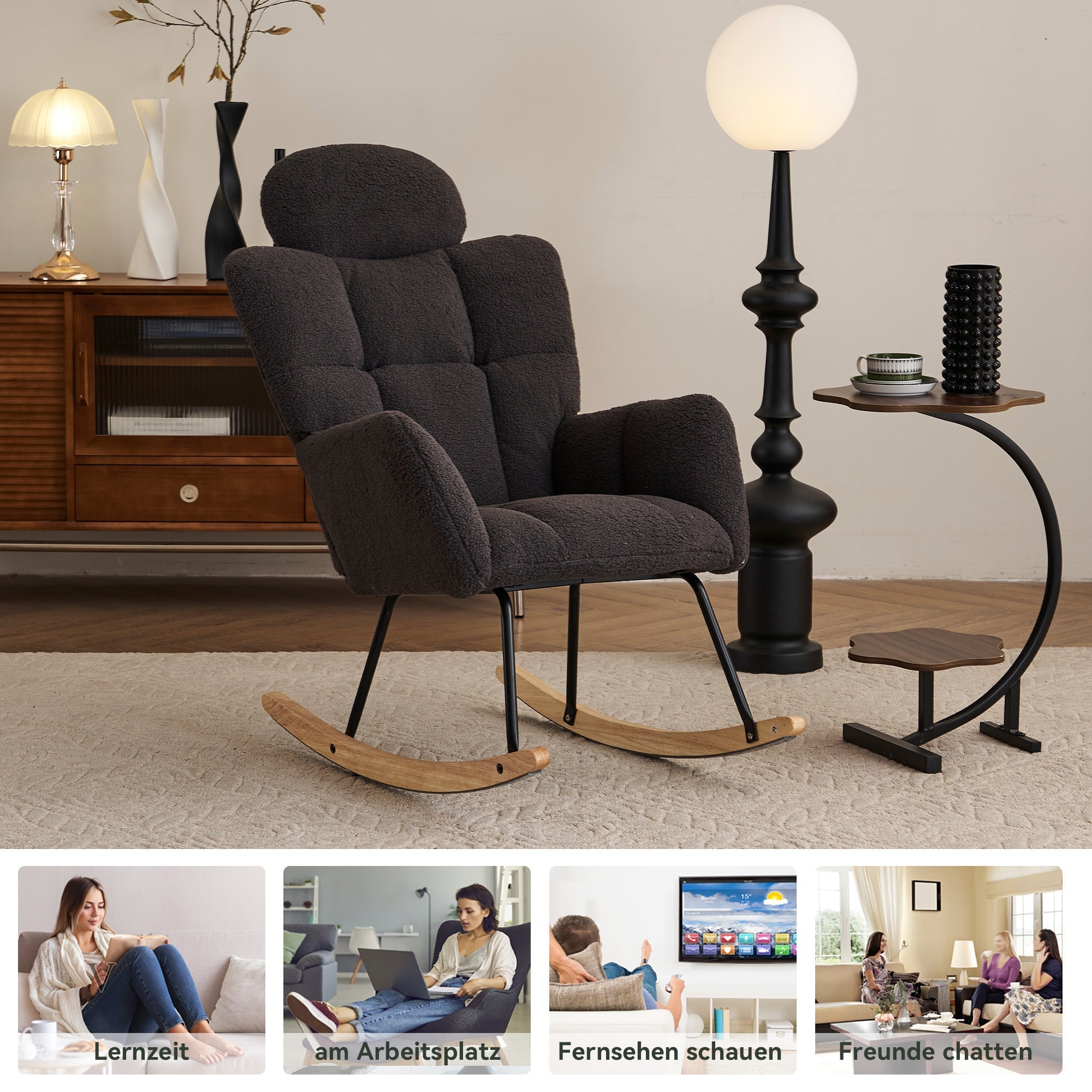 Rocking Chair, Tufted Upholstered Seat, Dark Grey Teddy Fabric