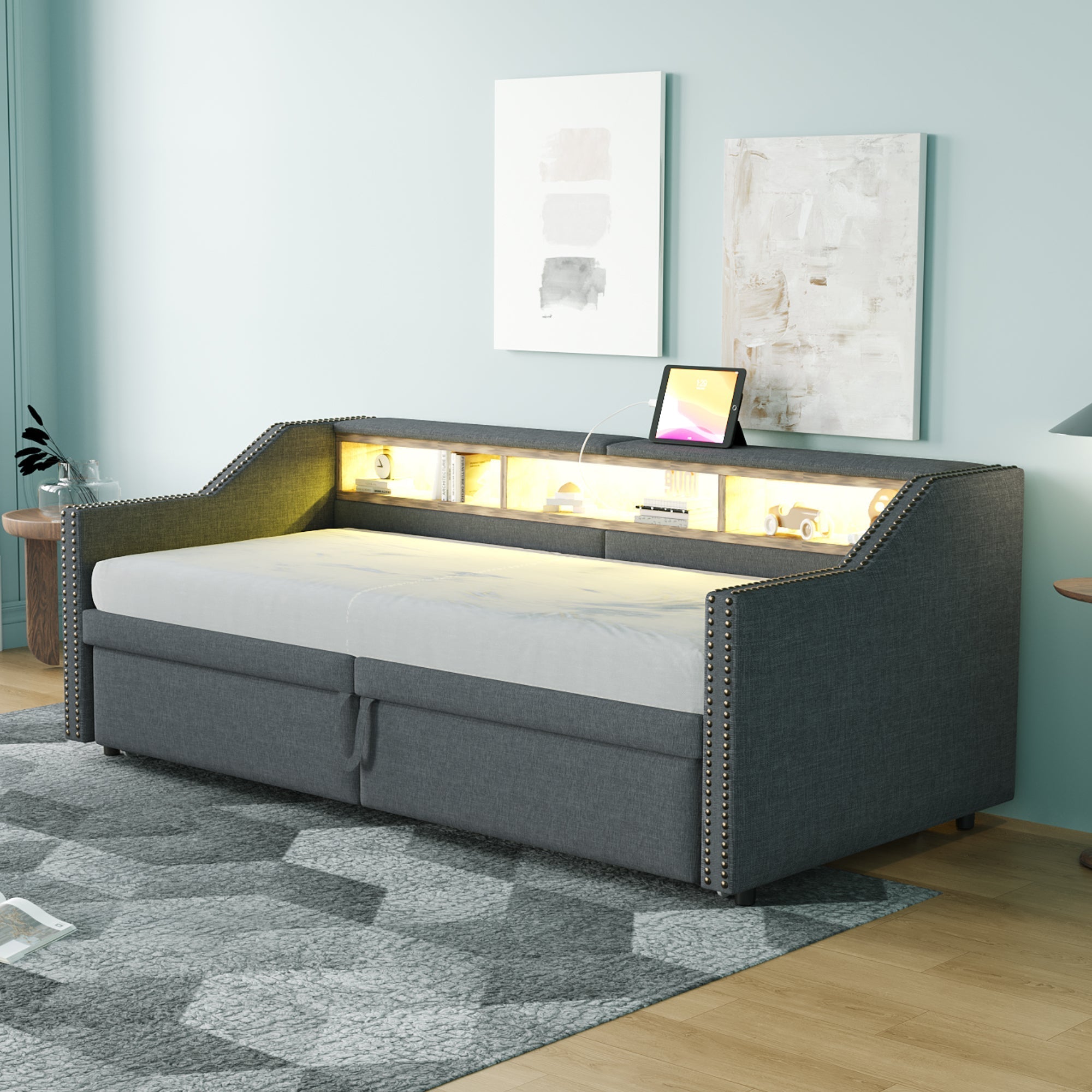 Upholstered Bed, Pull-Out Sofa Bed with Storage, LED Light, USB Port, Slatted Frame, Dark Grey