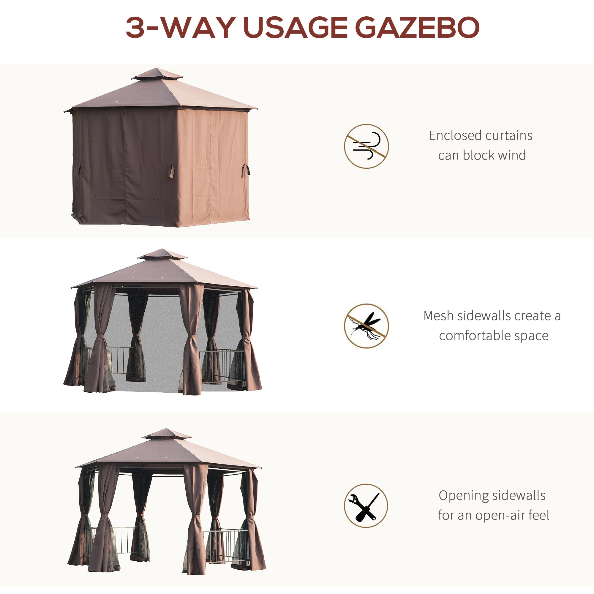 3 x 3m Hexagon Gazebo Patio Canopy Party Tent 2 Tier Roof Side Panel Brown