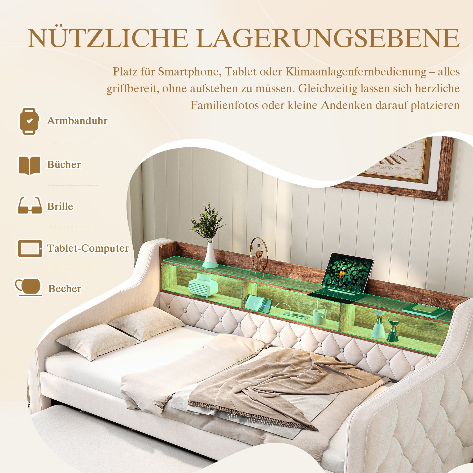 Sofa Bed 90x190cm Storage LED USB-C - Beige Velvet