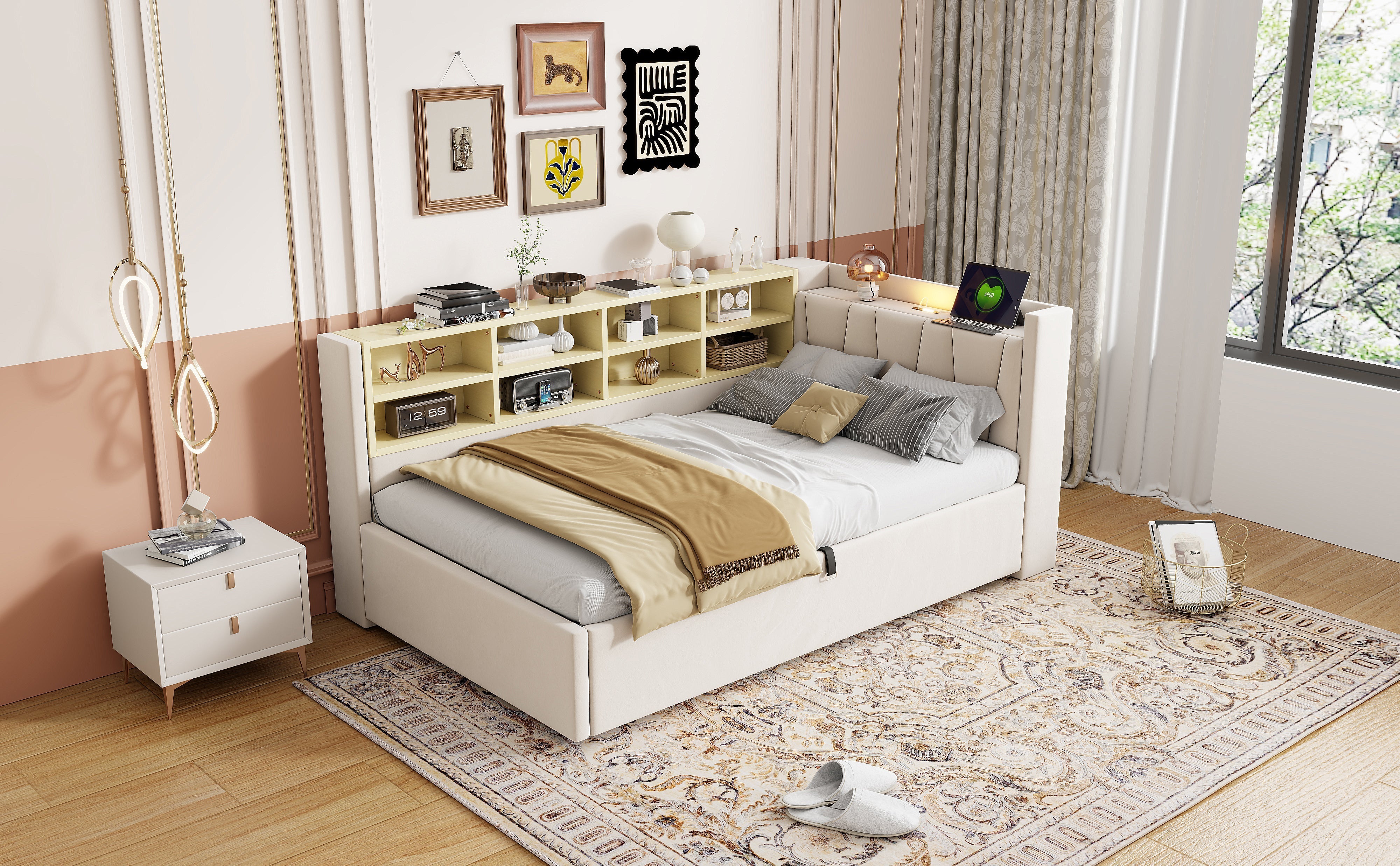 Upholstered Sofa Bed with Storage and USB Ports, Velvet Grey