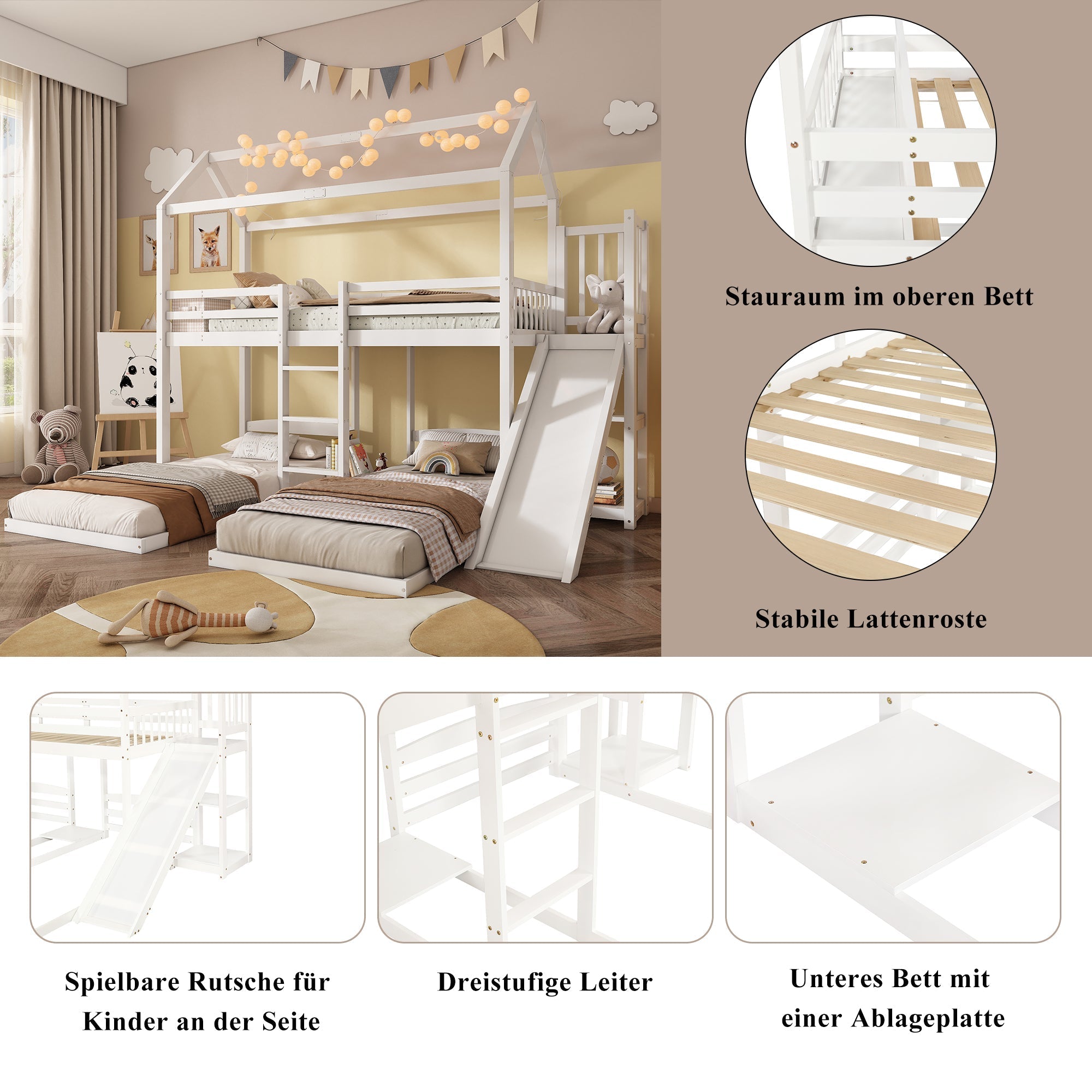 Bunk Bed, Children's with Slide, Roof Design, Three-Sleeper, Storage, Pine + MDF, White