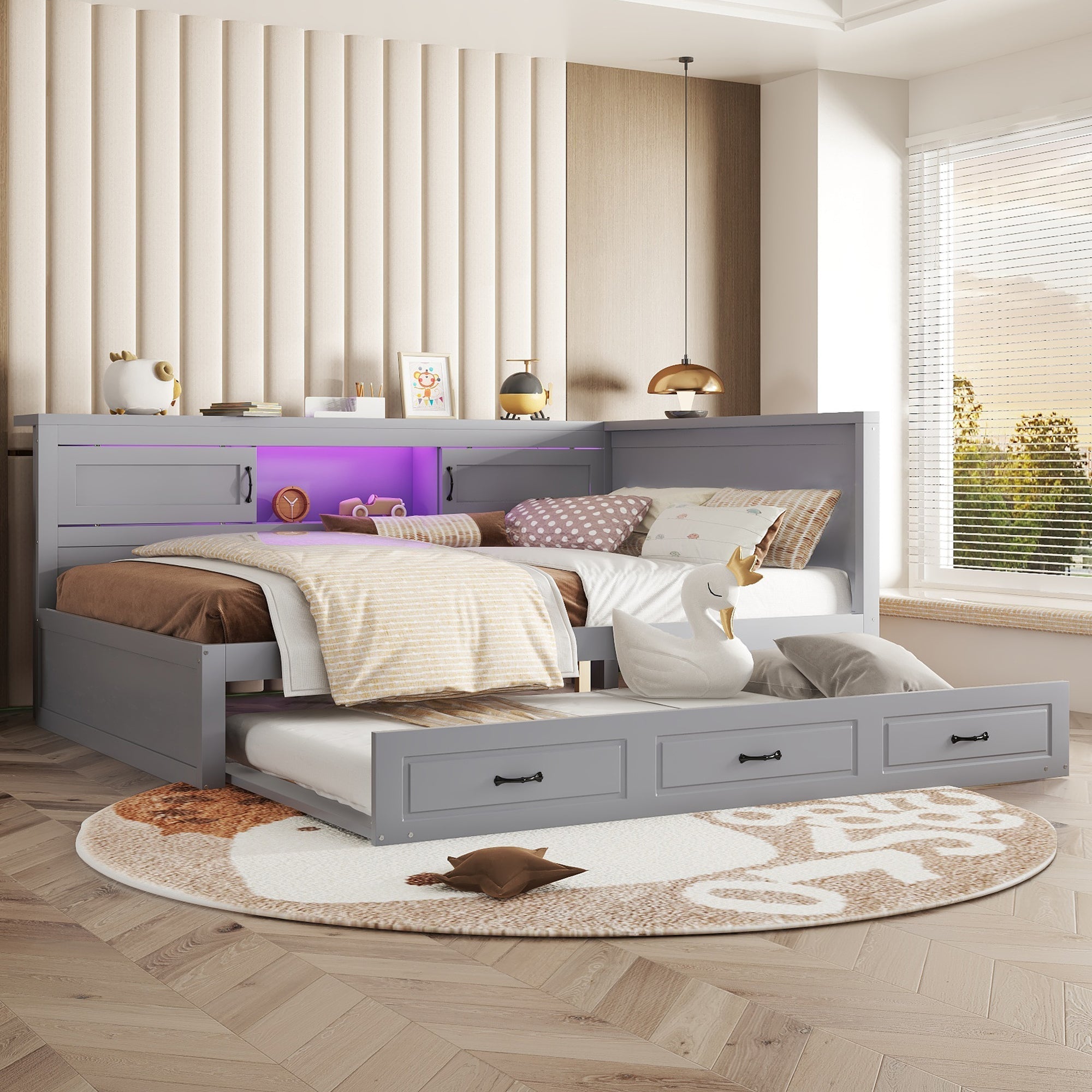 Sofa Bed Daybed 140x200cm Pull-out Bed LED Storage USB/Power Outlet - Grey