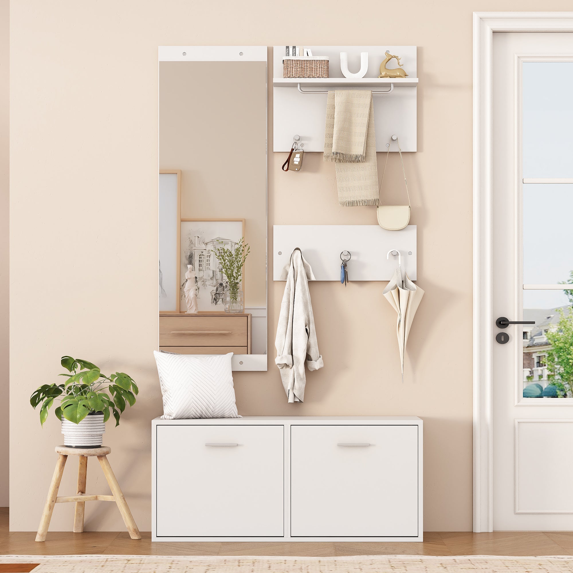 4-Piece Wardrobe Set, 90x30x41.5cm Mirror Hat Shelf Shoe Cabinet 6 Hooks, White