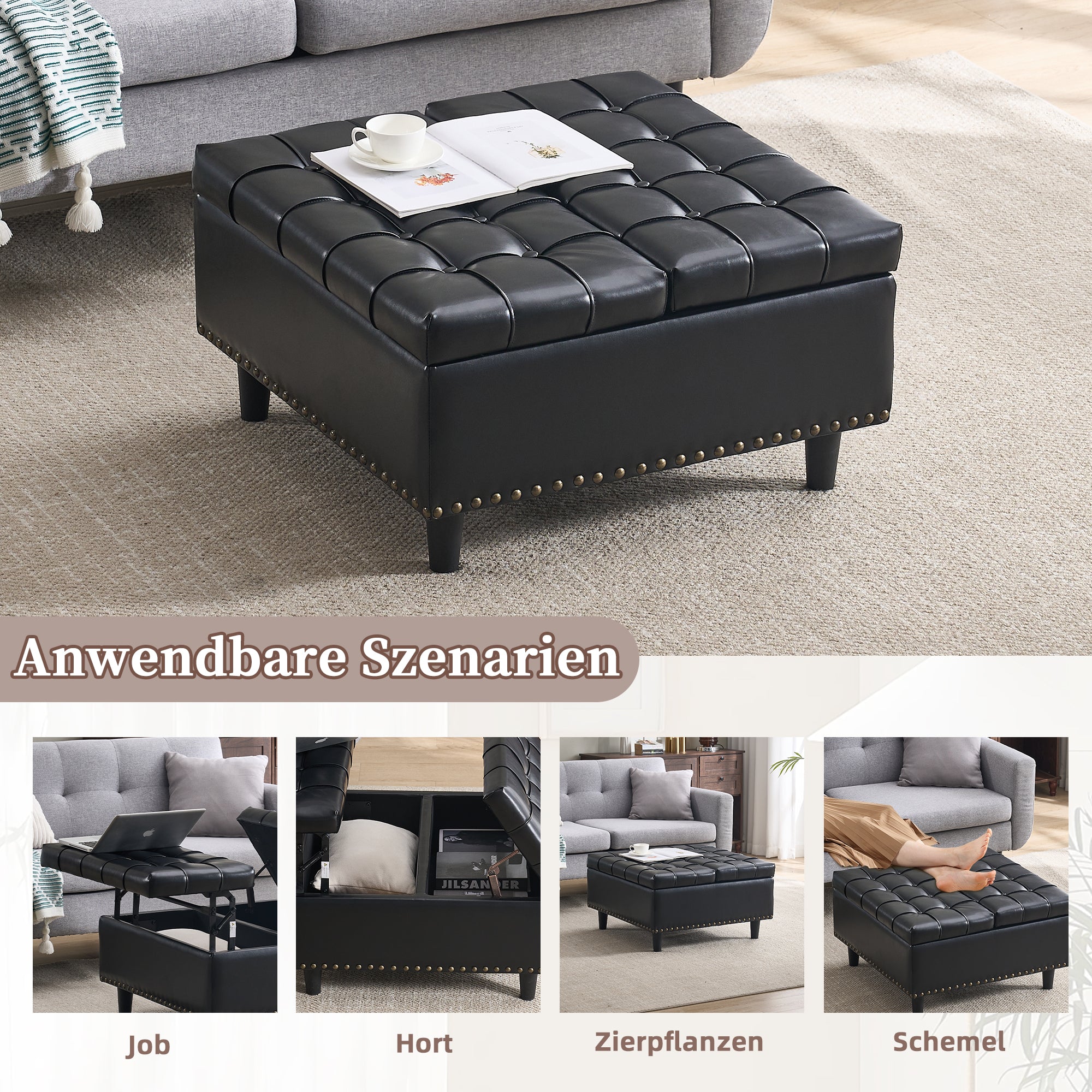 Storage Chair, Large Square Liftable Bench with Space, Black PU