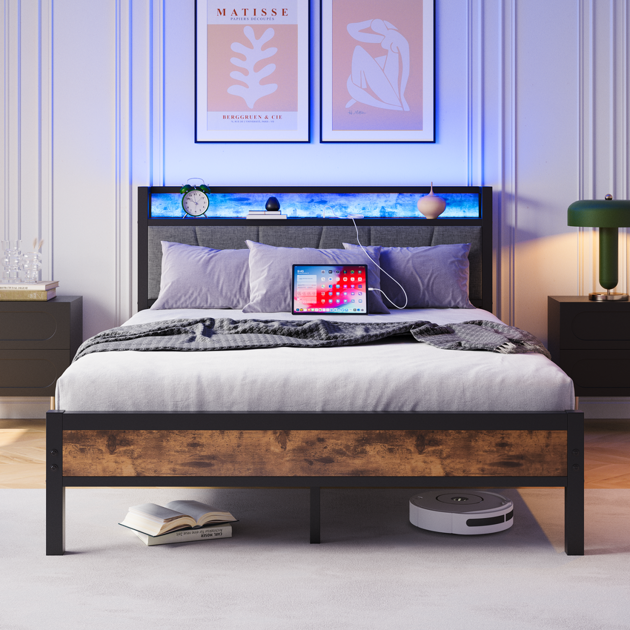 Bed Frame 120x200cm, Smart LED/USB Headboard, Heavy-Duty Metal Slatted Platform