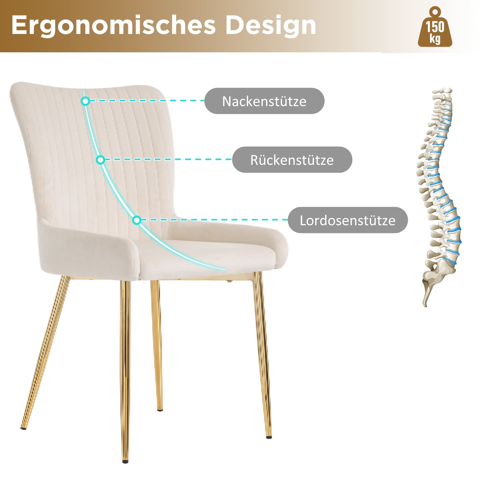 Velvet Dining Chair Set of 6 with Gold Metal Legs and Lumbar Support, Beige