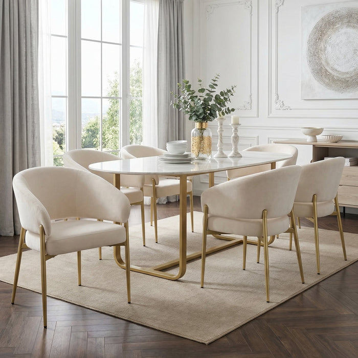 Set of 6 Dining Chairs, Modern Breathable Seating for Living Room and Cafe, Beige Velvet and Champagne Gold