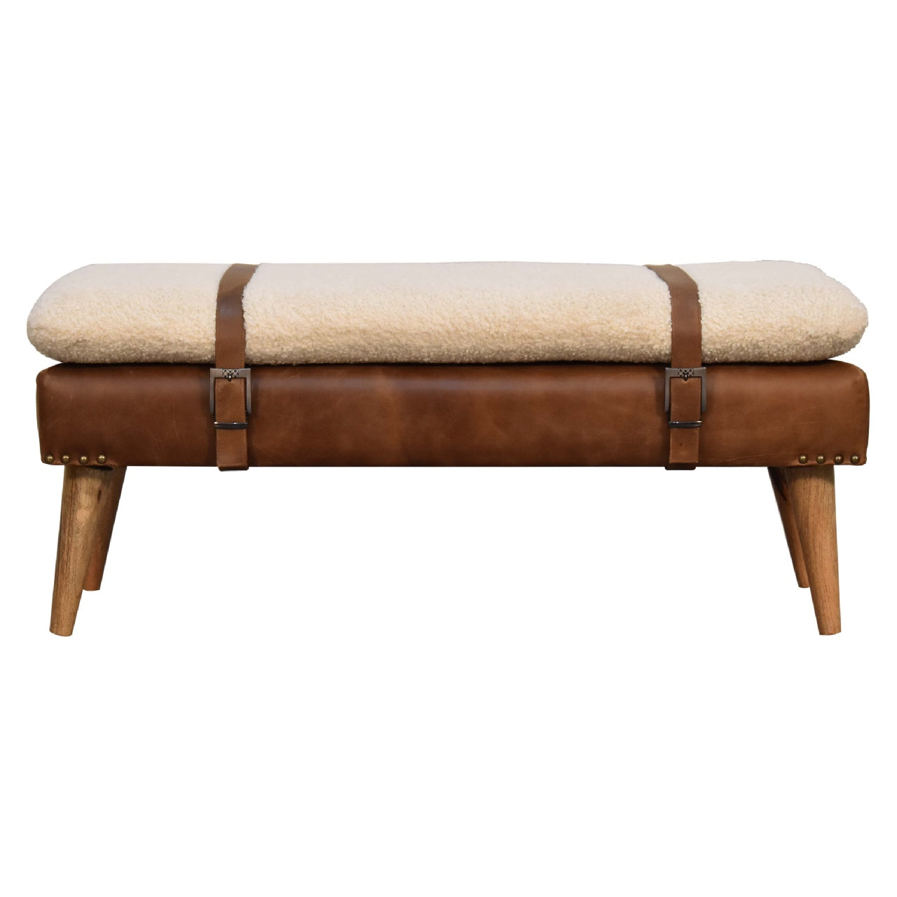 Solid Wood Bench, Upholstered Bouclé Buffalo Hide Leather, Beige