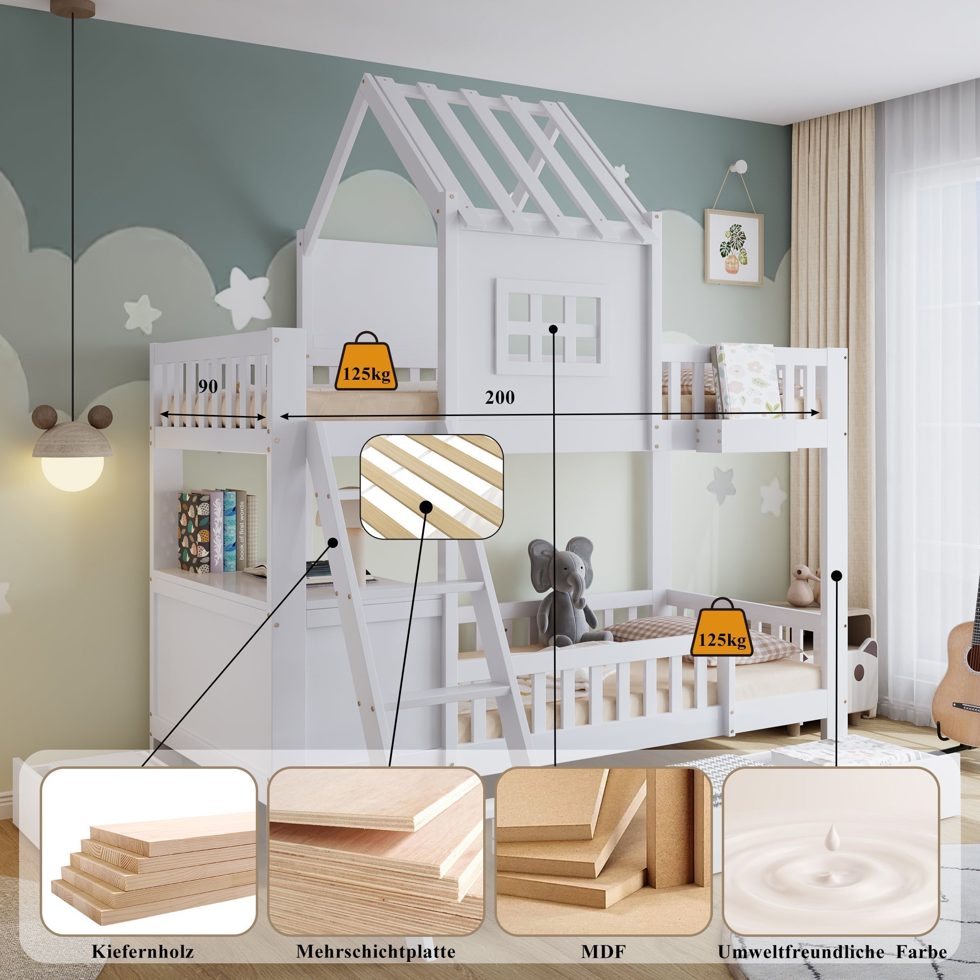 Bunk Bed, Roof & Window with Drawers, Reading Table, Storage Basket, Pine + MDF + Plywood, White