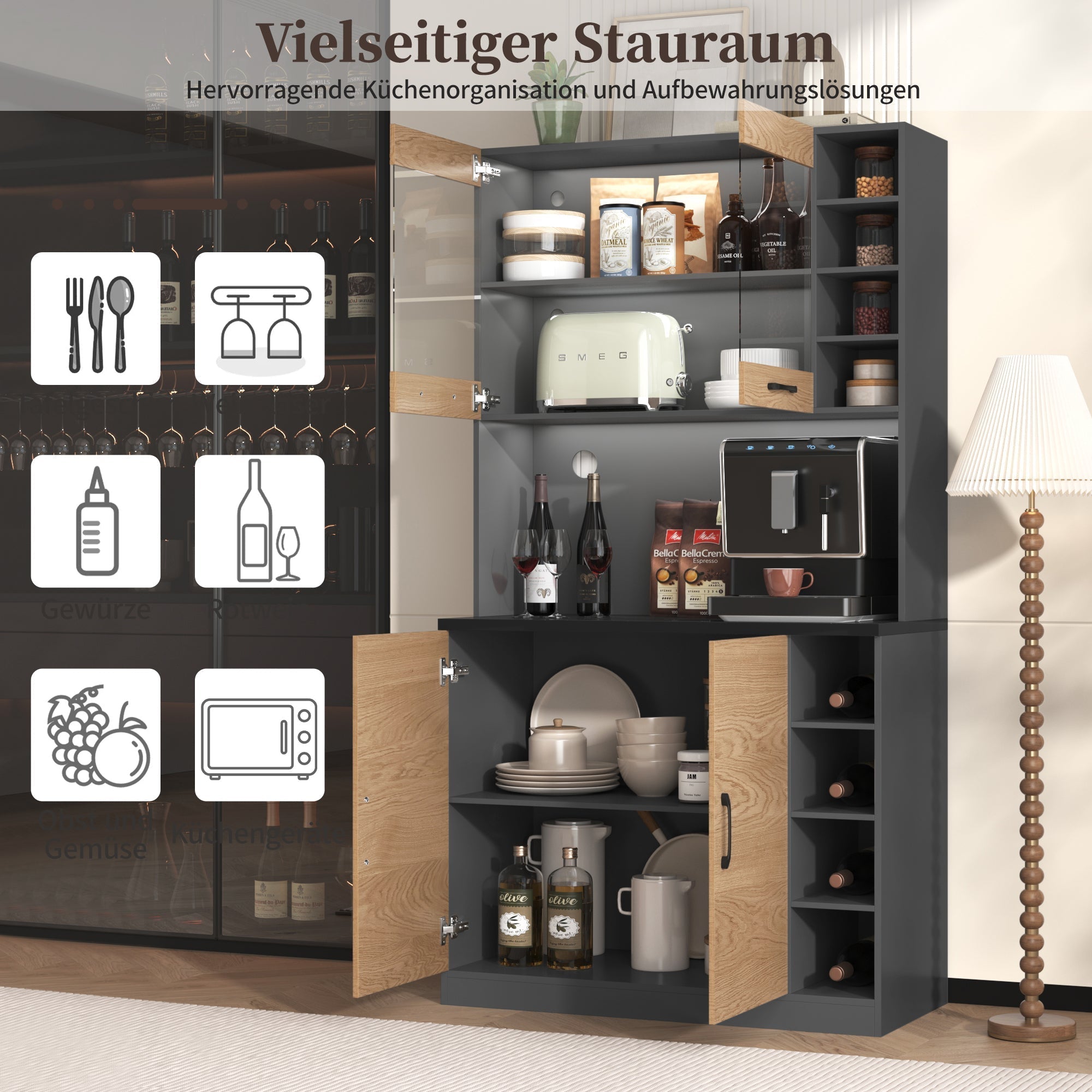 Kitchen Highboard Buffet 100x187cm LED Lighting Microwave Storage - Wooden