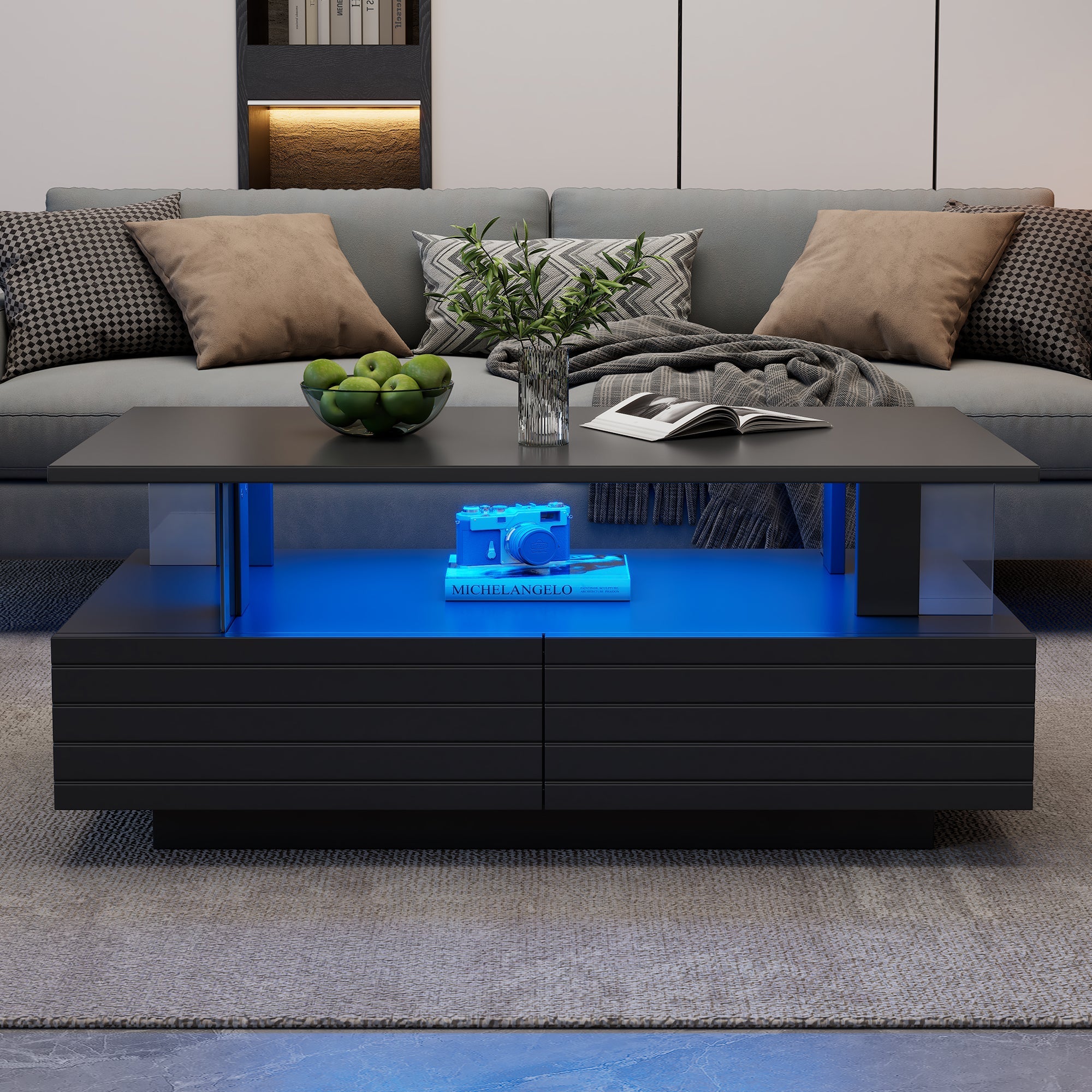 LED Coffee Table Double-Layer Rectangular Storage Bluetooth App Control, Black Acrylic