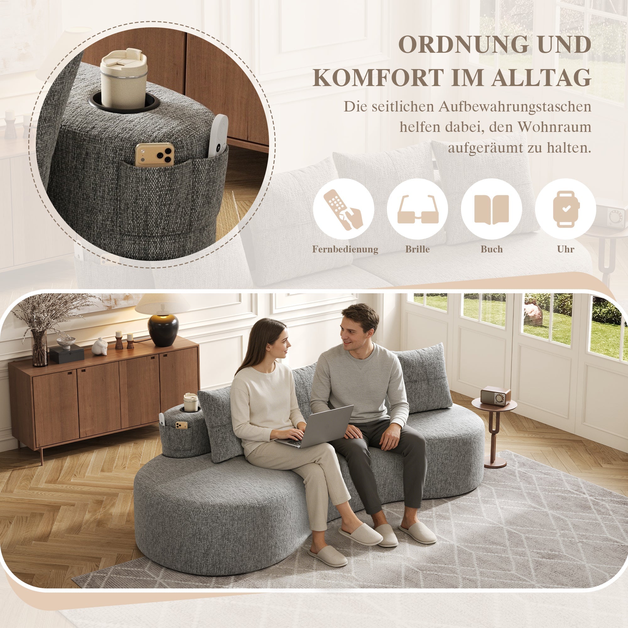 Linen Sofa with 4 Cushions, Cup Holder and Side Pocket, Light Grey